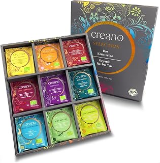 Creano Organic Herbal Tea Sampler Gift Set - 27 Bags in 9 Flavors: Chamomile, Ginger Chai, Rooibos Mango & More, Caffeine-Free