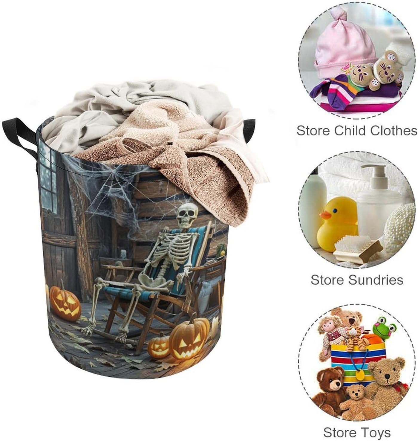 Terrifying Skeleton Ghost Laundry Bag Large Collapsible Laundry Baskets Freestanding Waterproof Clothes Hamper with Handles & Drawstring for Laundry Room Bedroom Bathroom
