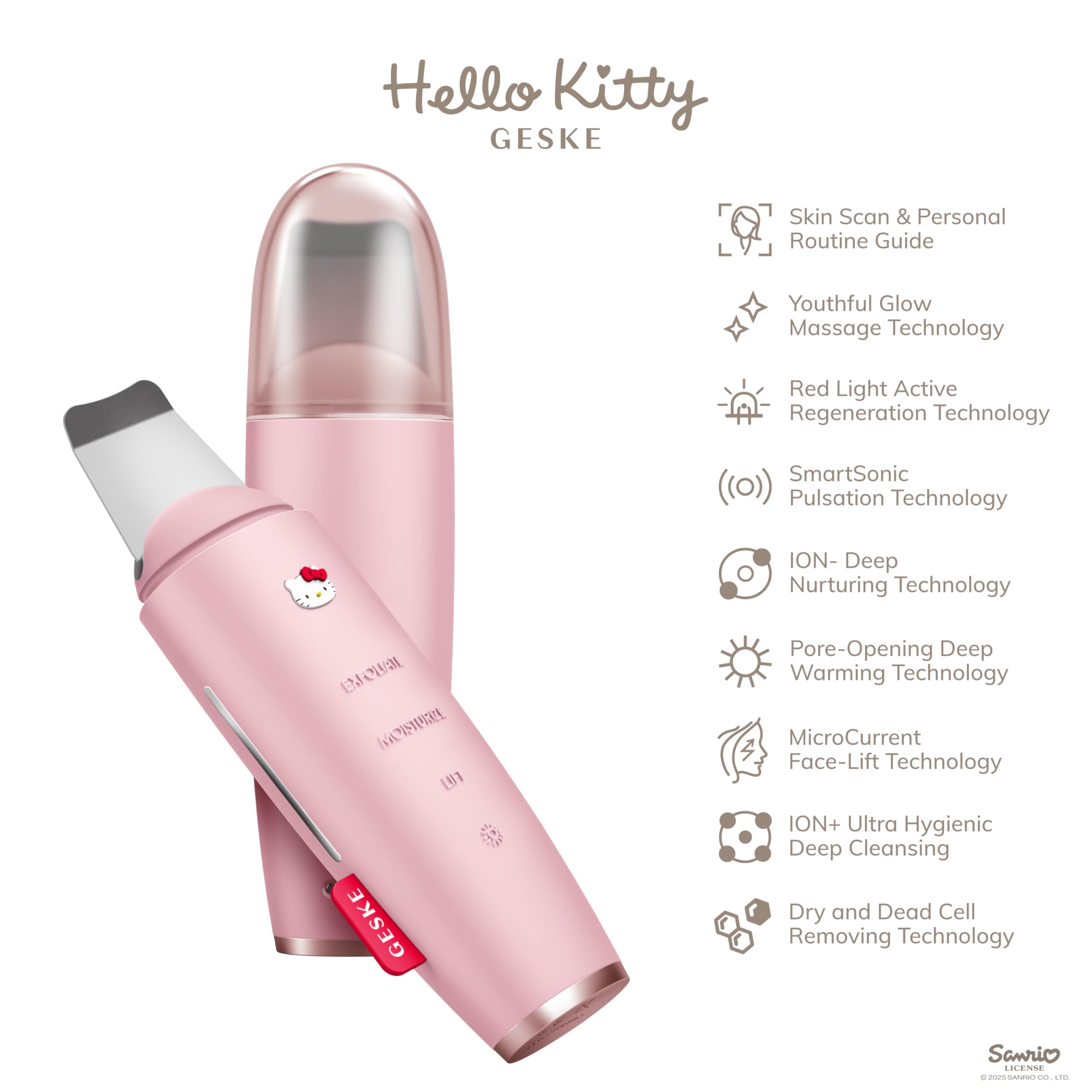 GESKE x Hello Kitty | Dispositivo a microcorrente per l'esfoliazione e la rimozione dei punti neri SmartAppGuided™ | 9 in 1 | Cura della pelle e pulizia del viso | Anti-età | Lifting facciale