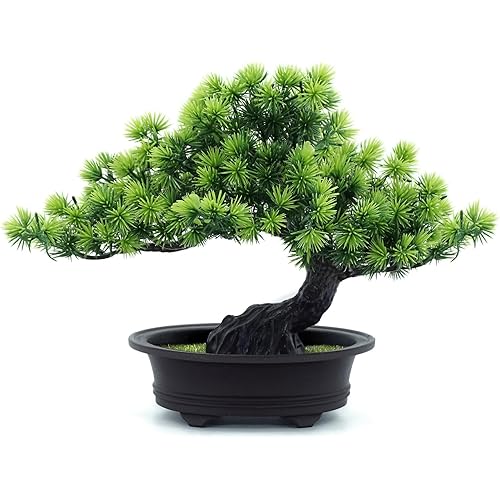 Artificial Bonsai Tree - Fake Plants for Home Decor, Bookshelf Coffee Table Office Desk Bathroom Farmhouse Indoor Decor, 9.5" Tall, Green