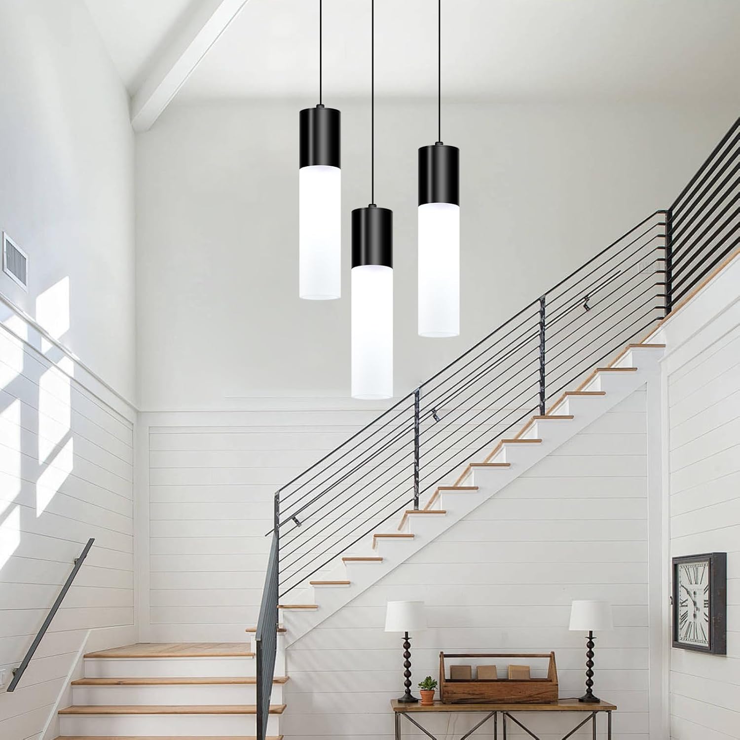 Cluster Black Pendant Lighting Fixture 3-Light Modern Hanging Dining Table Light with Milky White Lampshade LED Pendant Lights for Kitchen Island Dining Room Adjustable Height, 3000K-6000K