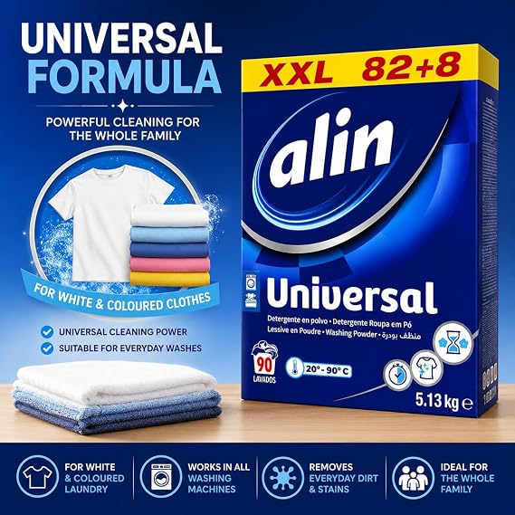 ALIN Universal Washing Powder 5.13kg, Up to 90 Washes, Universal Laundry Detergent Powder, For White & Coloured Clothes, Effective from 20°C to 90°C