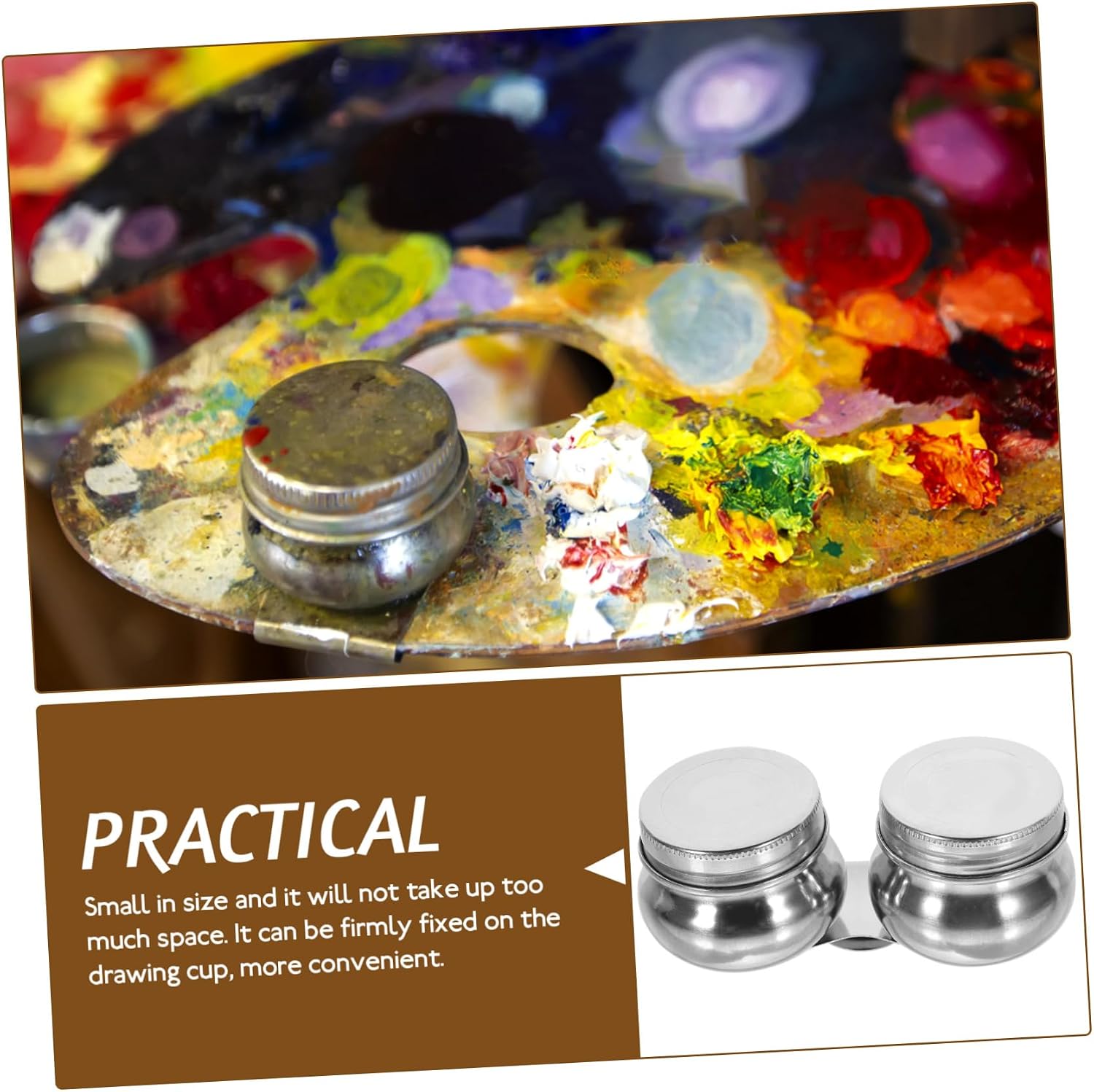 PHENOFICE 2pcs Stainless Steel Palette Cup for Oil Painting Cleaning Dipper Design Wide Mouth for Access Tool for Watercolor and Gouache