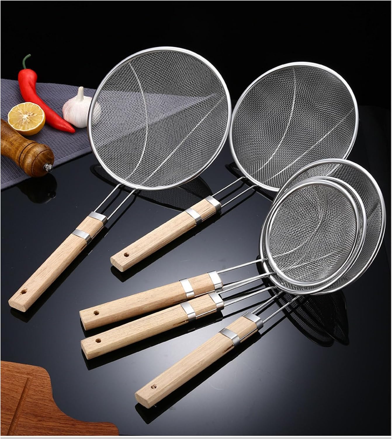 Fine Mesh Strainer Oil Skimmer Spoon Stainless Steel Wooden Handle Sturdy Durable Kitchen Tool for Home Commercial Kitchens