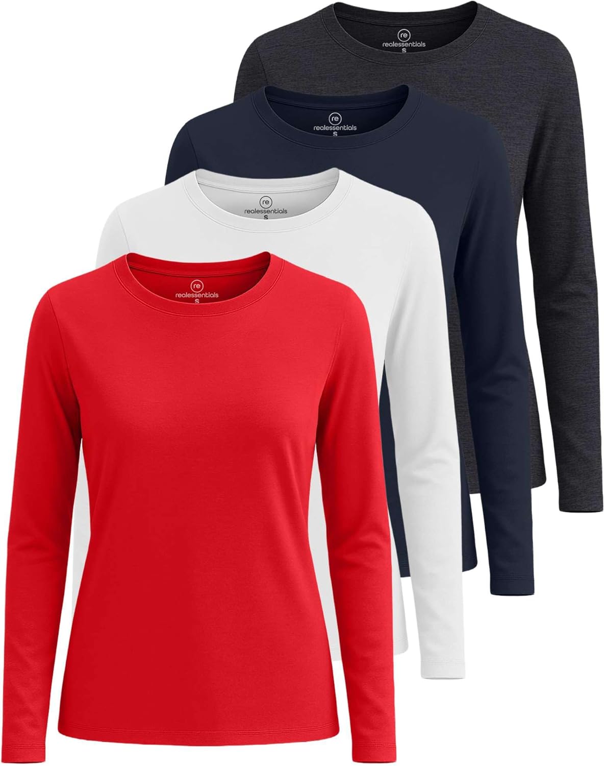 Real Essentials 4 Pack: Women's Cotton Classic-Fit Long-Sleeve Crewneck T-Shirt (Available in Plus Size)