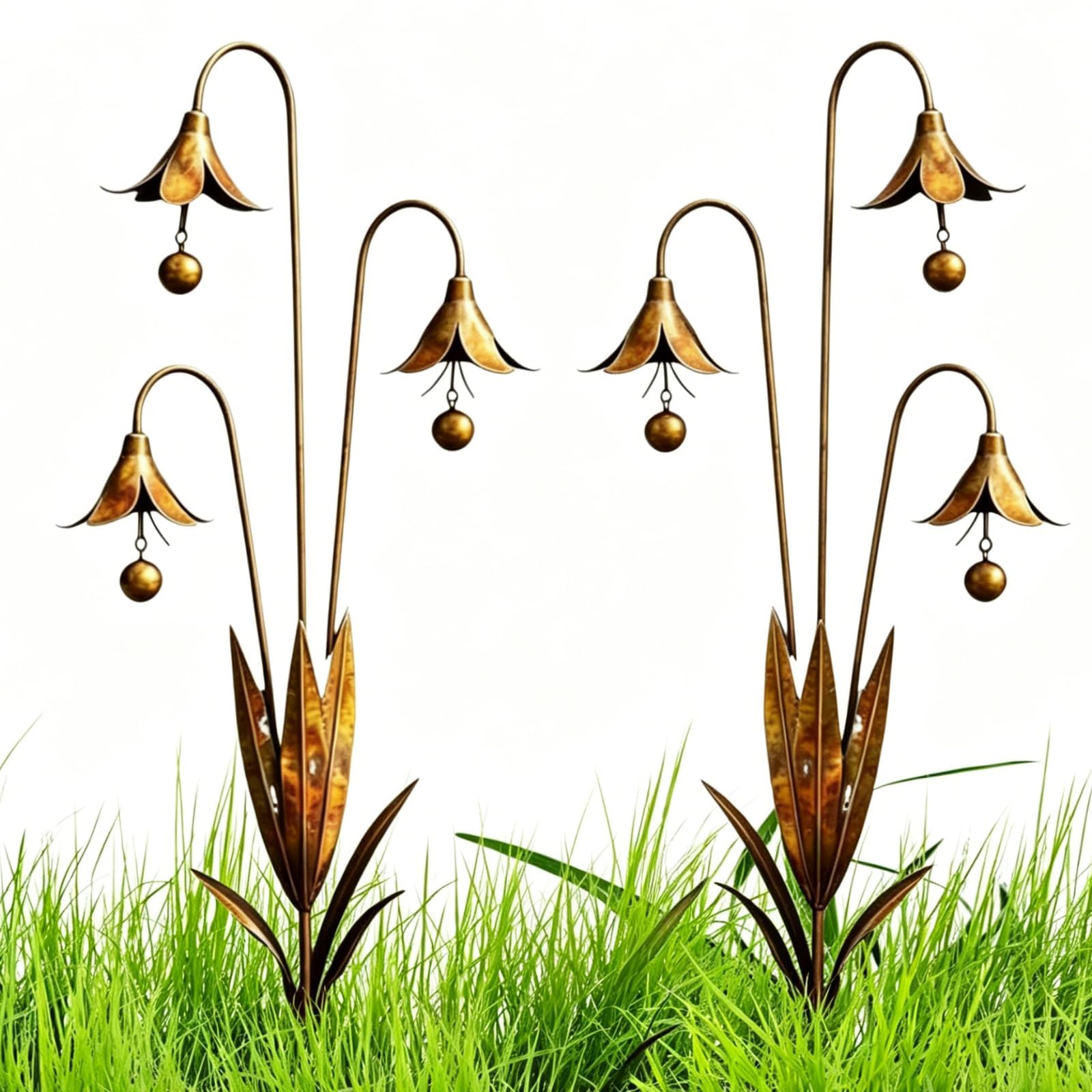 Flamed Copper Three Calla Lilies Garden Stake with Bells Metal Flower Yard Art Decor Outdoor Wind Bell Stake for Lawns, Patios & Garden Rustic Handmade Wind Chime Ornament (A*2)