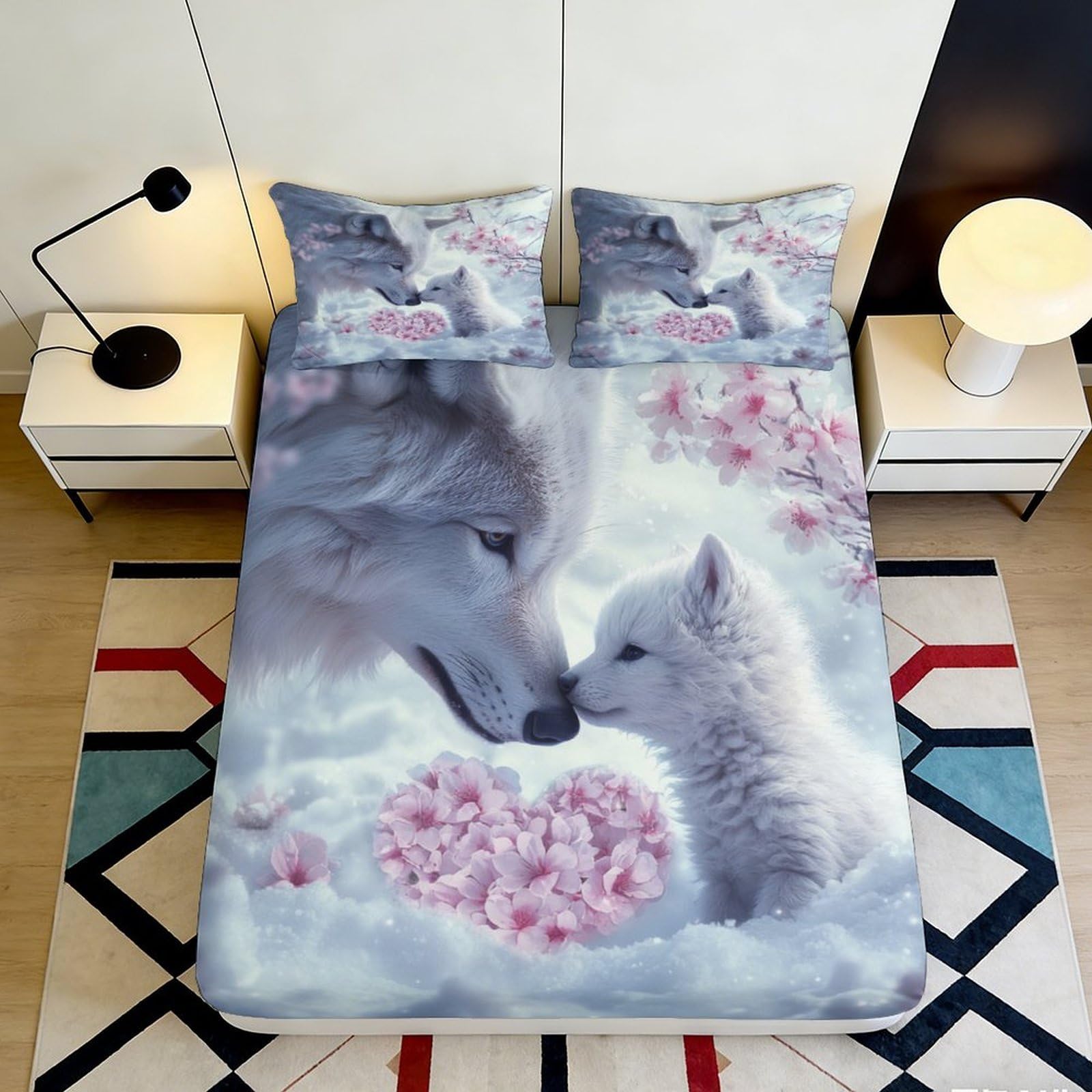 3D Printed Wolf Family Fitted Sheet Microfiber Deep Pocket Full Wrap Bedroom Bedding Wolf Mattress Fitted Cover 90x200x25cm