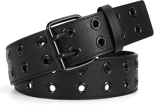 WERFORU Double Grommet Belt PU Leather Punk Belt for Women Men Jeans 2 Hole Belts 1.5 Wide