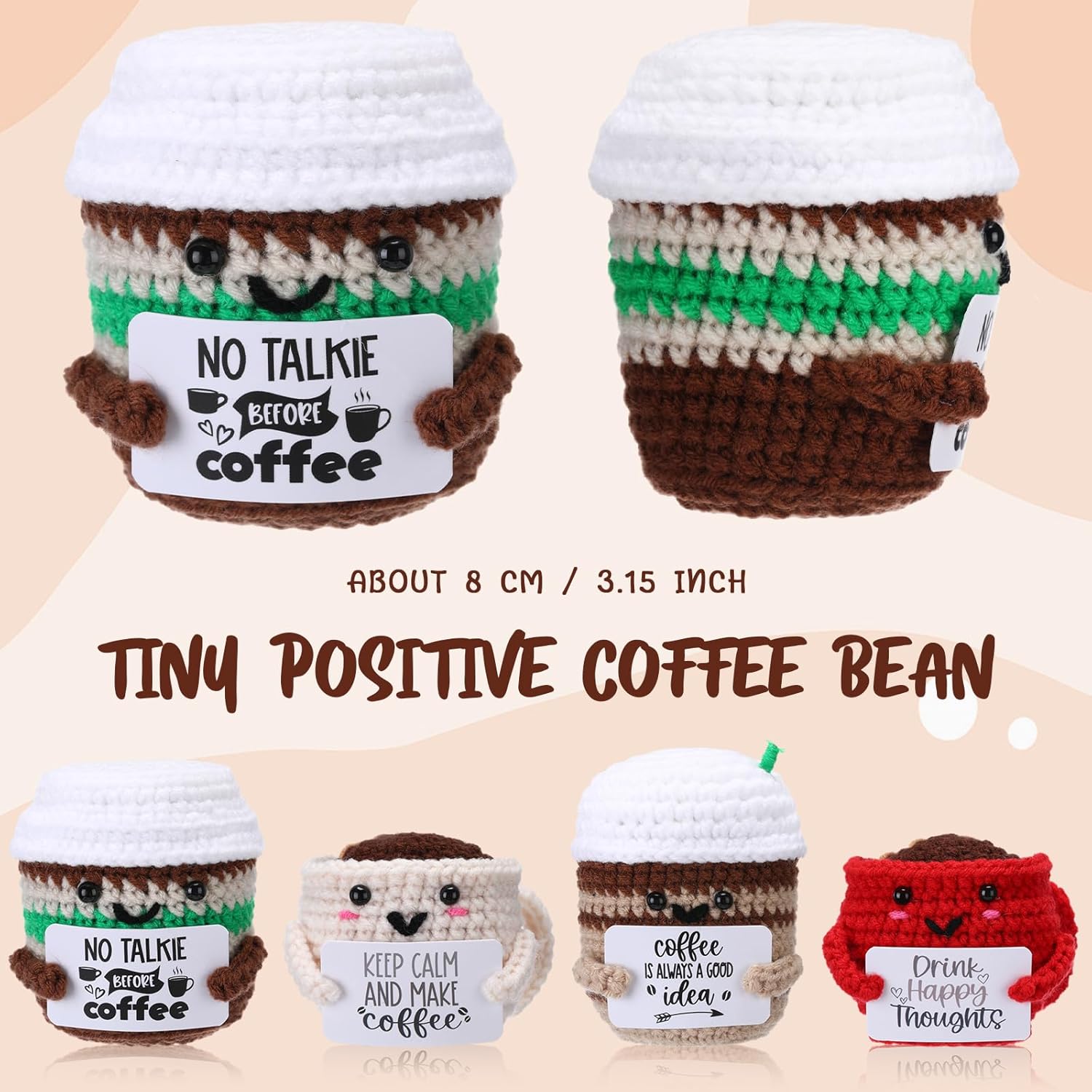 HyDren 12 Pcs Handmade Coffee Lovers Gifts Bulk Motivational Crochet Coffee Cup Plush Dolls with Positive Quotes for Women Men Coworkers Friend Office Home Desk Decor Birthday Holiday Party Favor