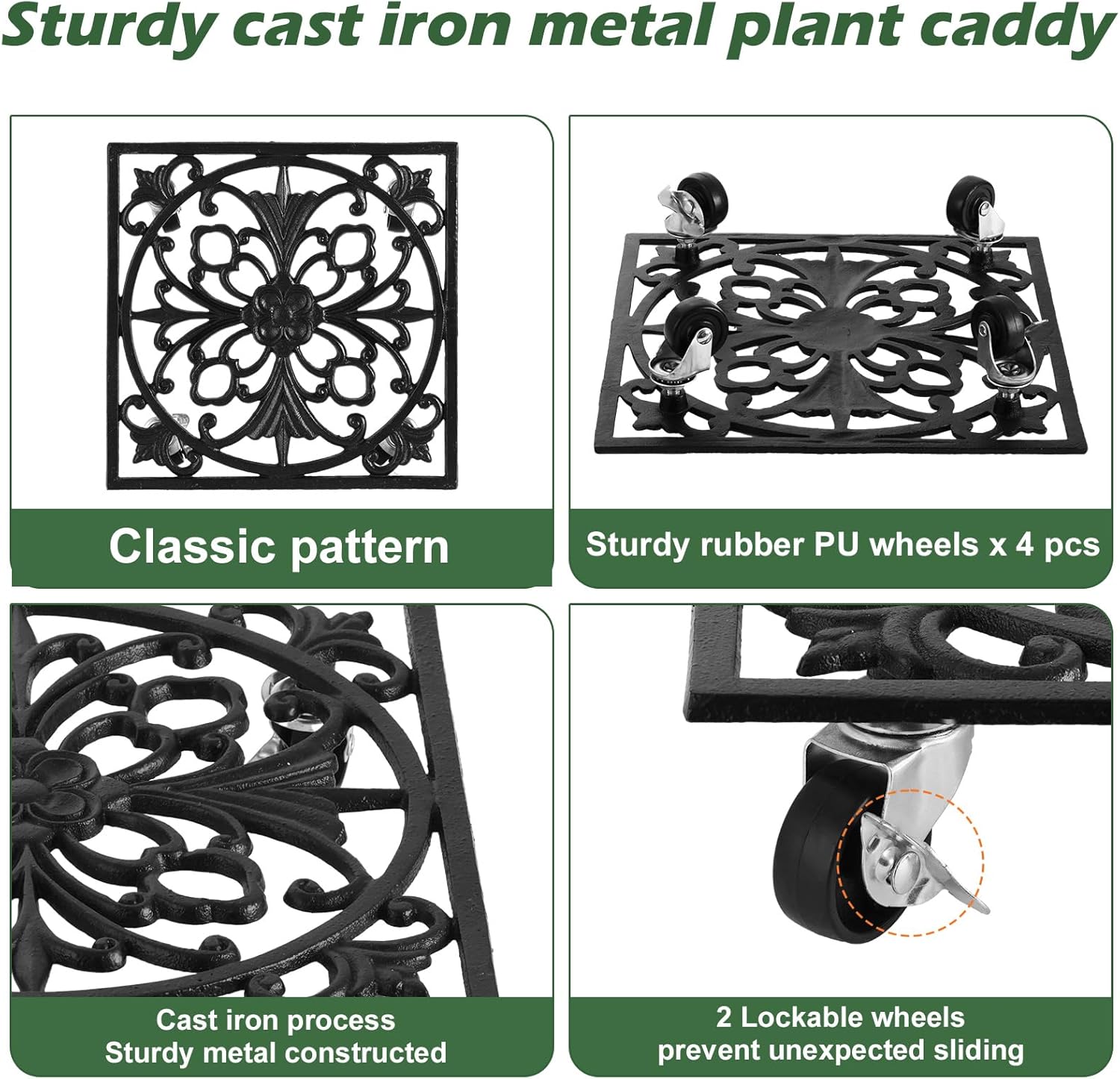 2 Packs 12" Square Metal Plant Caddy with Wheels Large Heavy-Duty Cast Iron Planter Dolly Pot Mover, Indoor Outdoor Vintage Rolling Plant Stands with Casters Wheeled Plant Roller Base, Rustproof Black