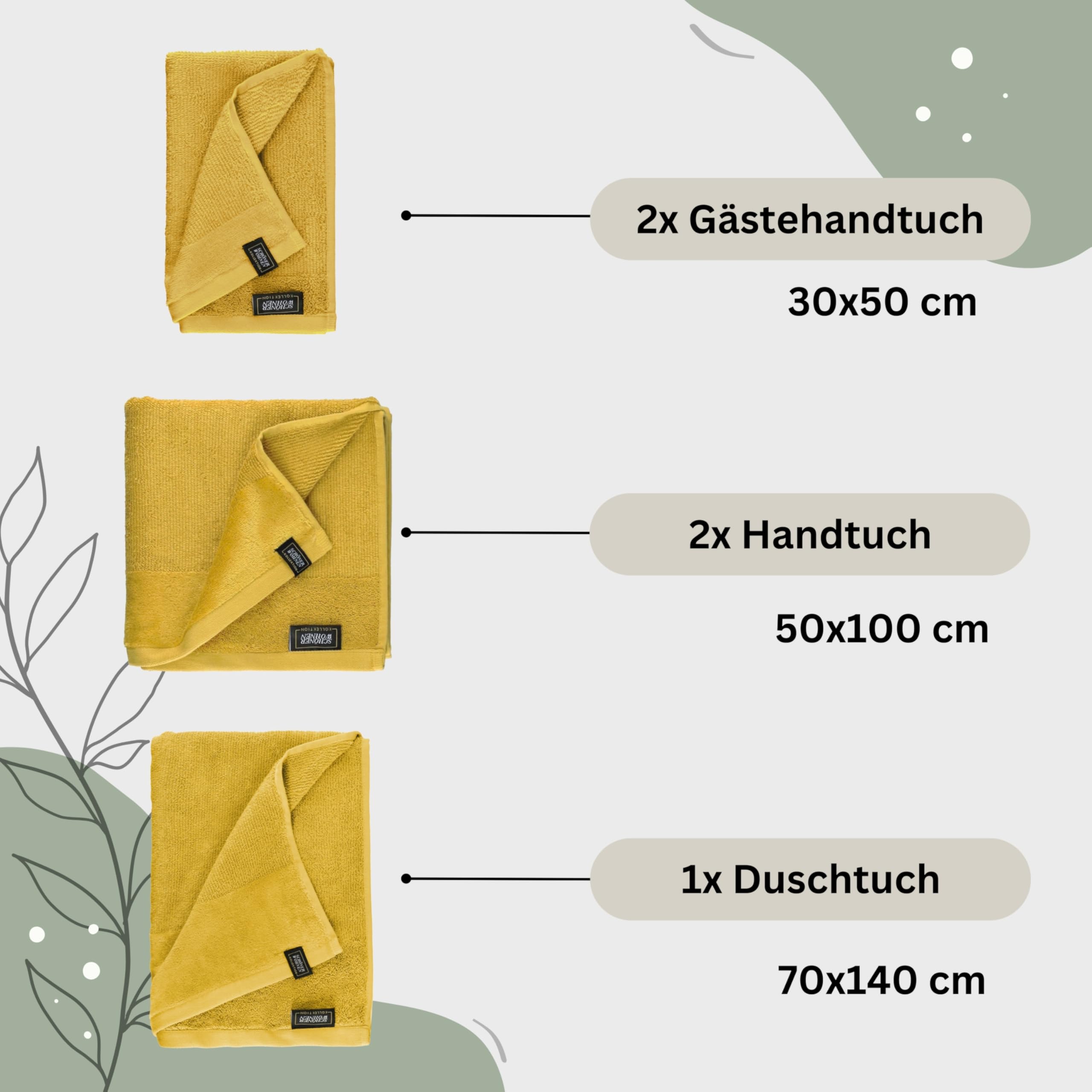 SCHÖNER WOHNEN zestaw ręczników bawełnianych frotte, zestaw 5 sztuk, 1 ręcznik kąpielowy, 2 ręczniki do rąk i 2 ręczniki dla gości, żółty, Öko-Tex, duży, miękki i puszysty, do łazienki, niemowląt