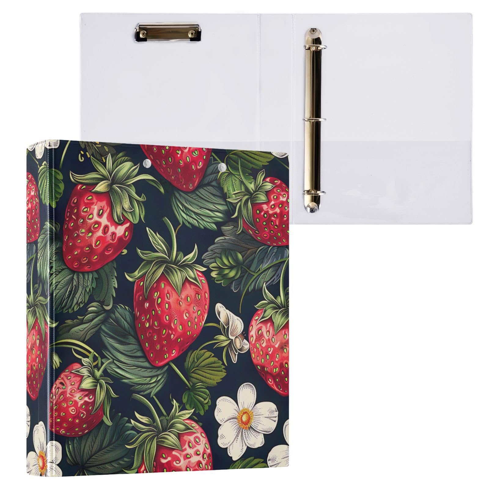 Raccoglitore a 3 anelli, confezione da 2 raccoglitori a D con tasche grandi, motivo fragole rosse e fiori bianchi, per scuola, università, ufficio
