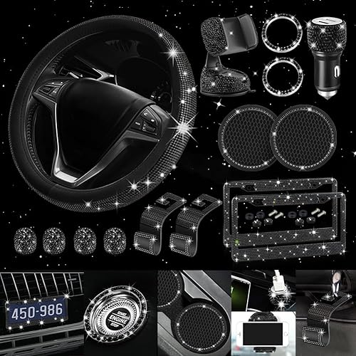 Funda de volante con diamantes brillantes para mujer ajuste universal de 15 pulgadas 2 marcos de matrícula con diamantes de imitación con purpurina