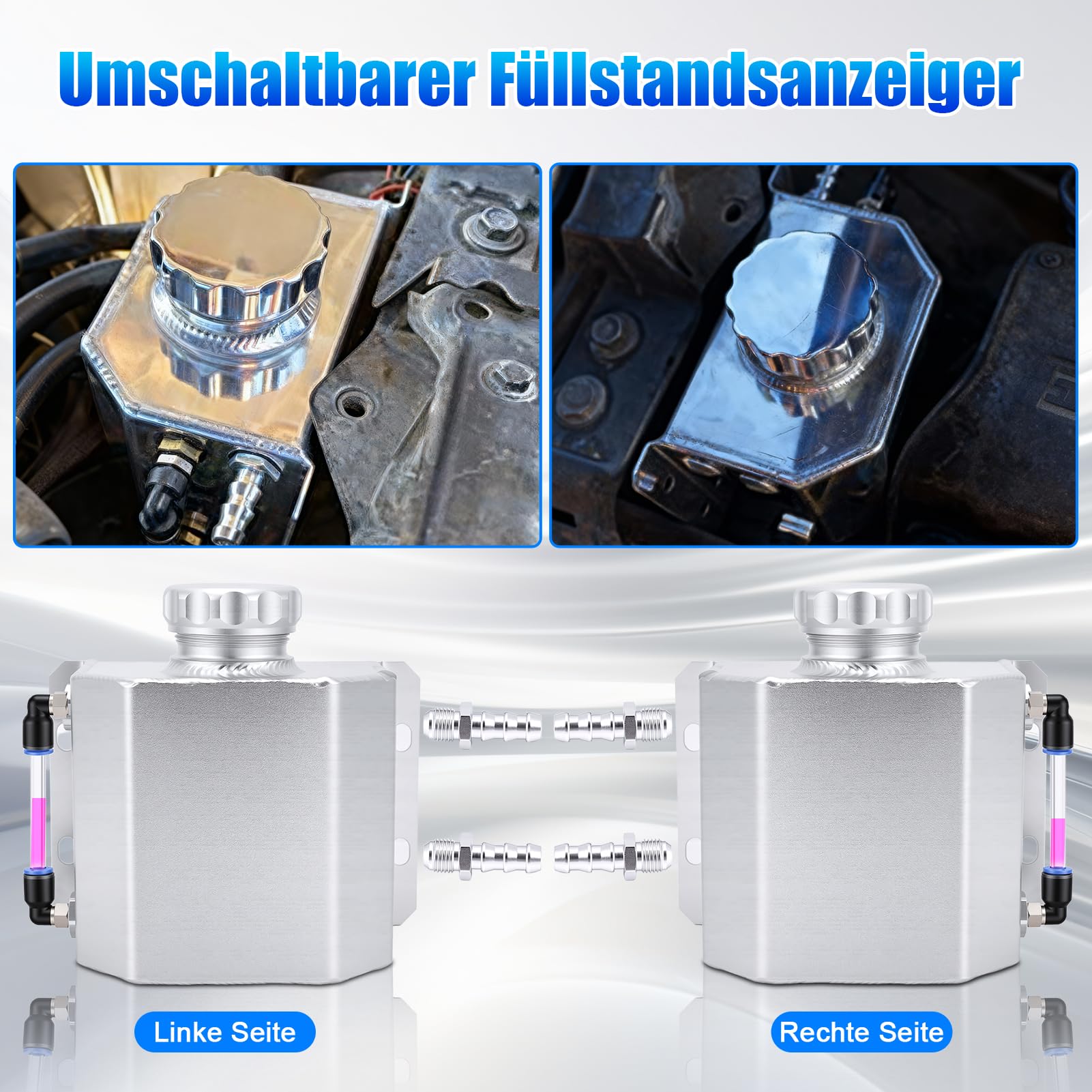 1L Aluminium Ausgleichsbehälter Kühlmittel Überlaufbehälter – Universeller Kühler-Wasserkasten, Mit Magnet-Ablassventil, Sichtschlauch & Hochtemperaturbeständiger, Ideal für Fahrzeugtuning