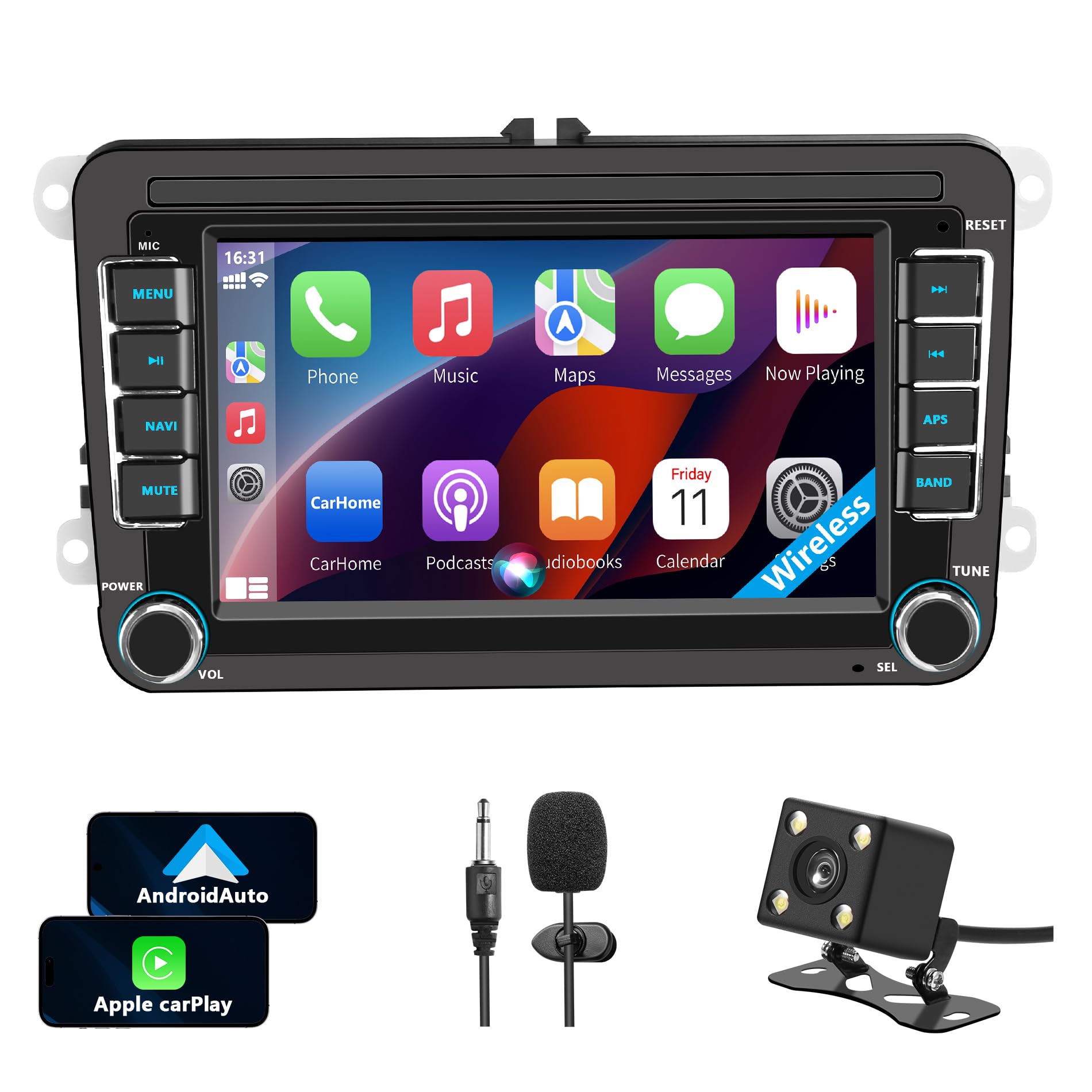 Radio Coche 2 DIN pour Pantalla Volkswagen Golf 5 6 Passat Jetta EOS Touareg, Écran IPS Android Auto CarPlay Sans Fil, Bluetooth USB FM RDS Noir