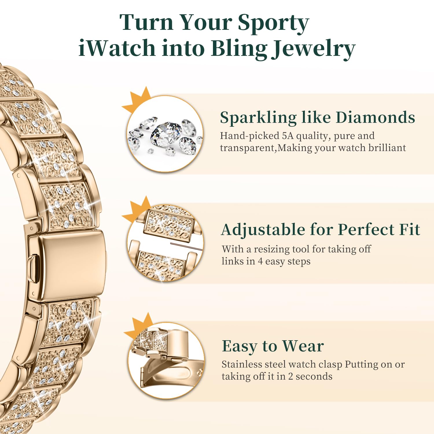 wutwuk Compatible with Apple Watch Straps Serie 11/10 46mm, Metal Sparkling iWatch Strap with Bling Case - Image 4