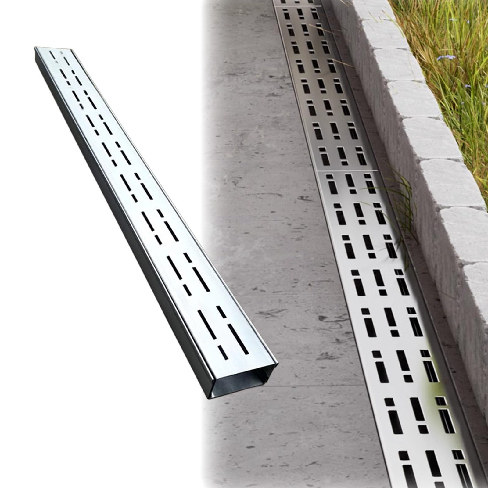 ERRULAN Storm Drain Channel, Stainless Steel Trench Drain System for Outdoor, Drainage Channels and Grating, Slim Floor Gully Strainers for Rain Snow Leaves Debris Pavers(WxH-15x8cm)