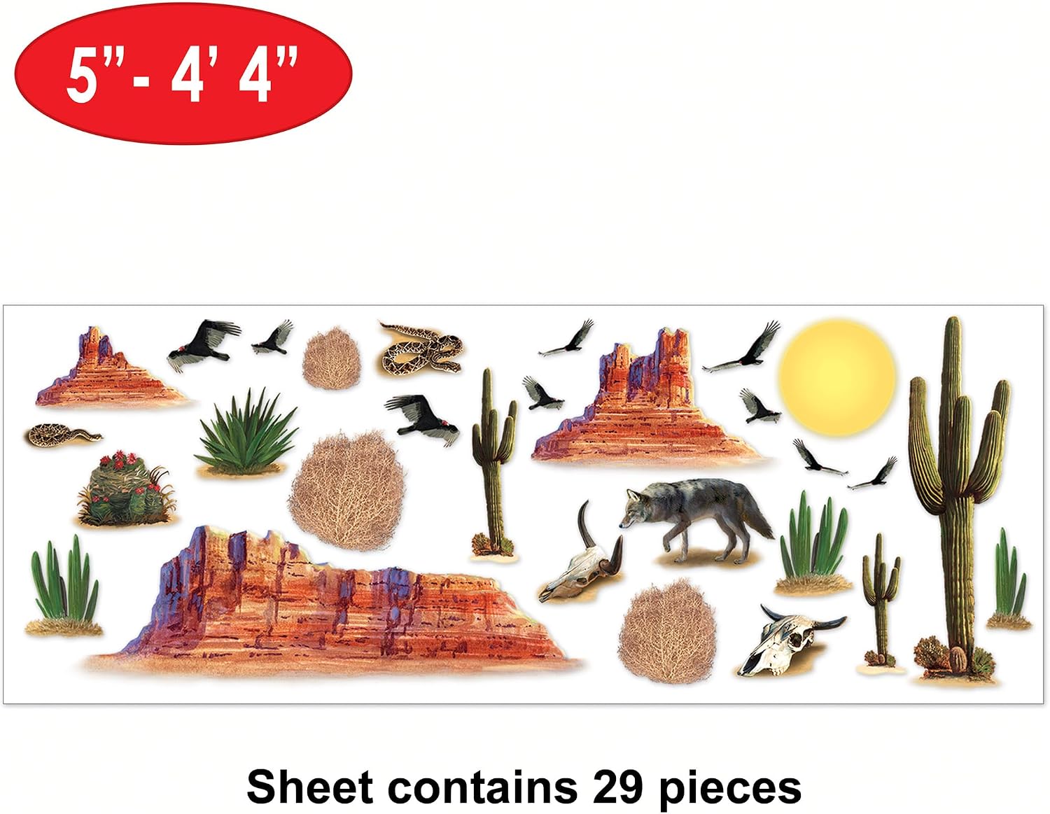 Beistle Wild West Desert Props – 29 Printed Icon Image Cutouts on Thin Clear Plastic with Cactus, Sun, Mountains, Animals for Western Wall Scene Background, Cowboy Cutout Decorations, 5"- 4' 4"