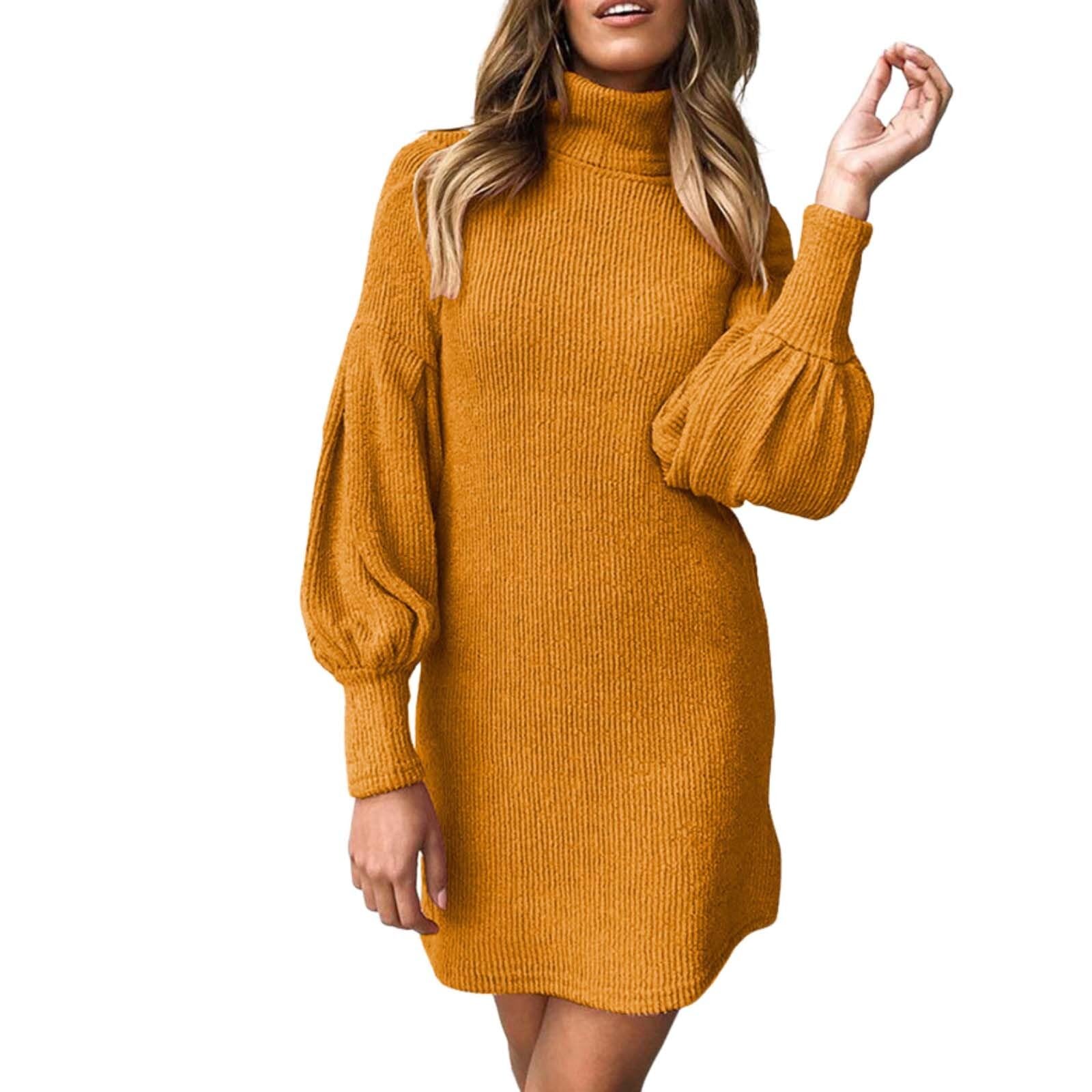 Long Lantern Sleeve Mock Neck Sweater Mini Dress for Womens Sexy Fitted Ribbed Knit Sleeves Pullover Winter Dress