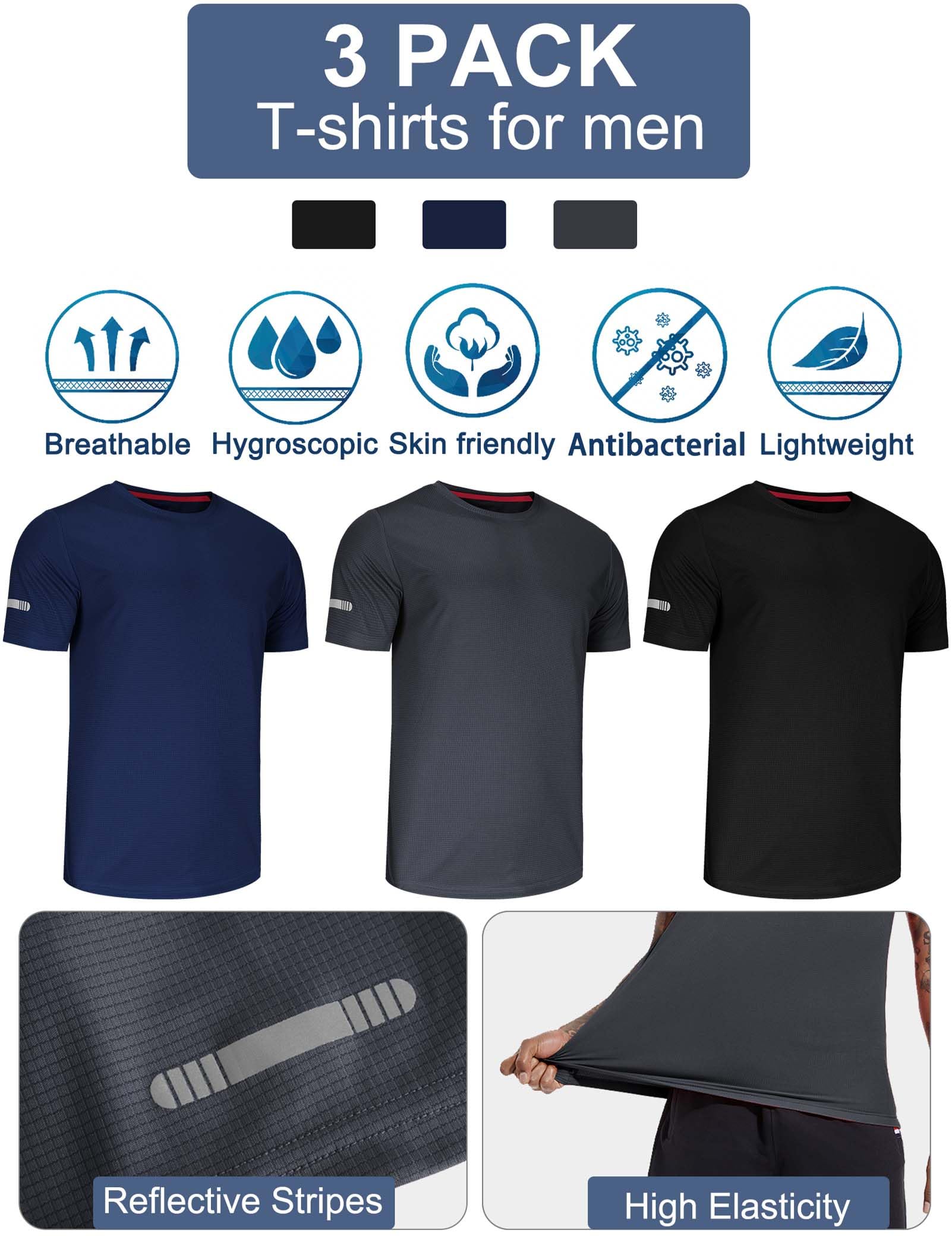 3-Pack Sport Tshirts Męskie koszulki funkcjonalne Szybko suche Oddychająca koszula treningowa Koszula fitness Koszula treningowa do biegania ćwiczeń kulturystycznych-Black/Grey/Navy-XXL