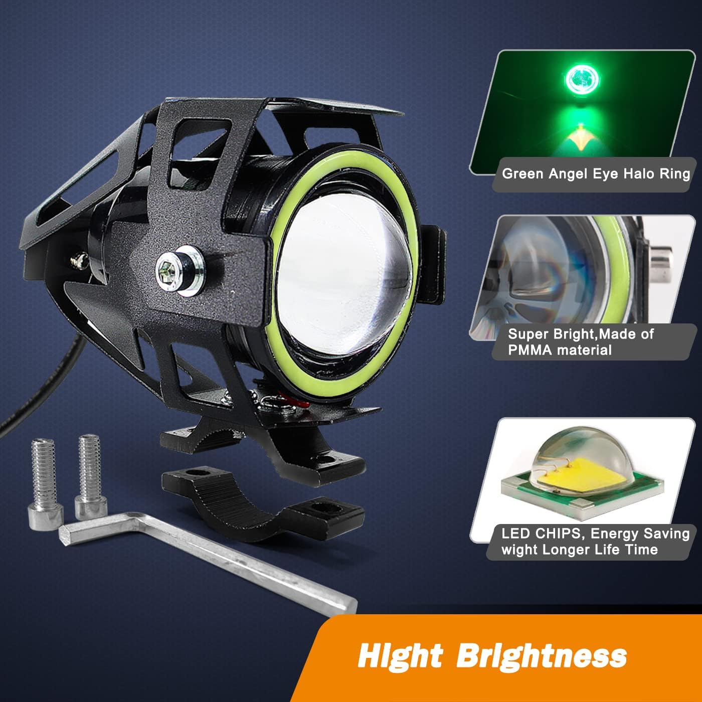 Motorcycle Headlight U7 LED Fog Lights Spotlight Daytime Running Lights with Green Angel Eyes Halo Ring and ON/Off Toggle Switch 2-Sets