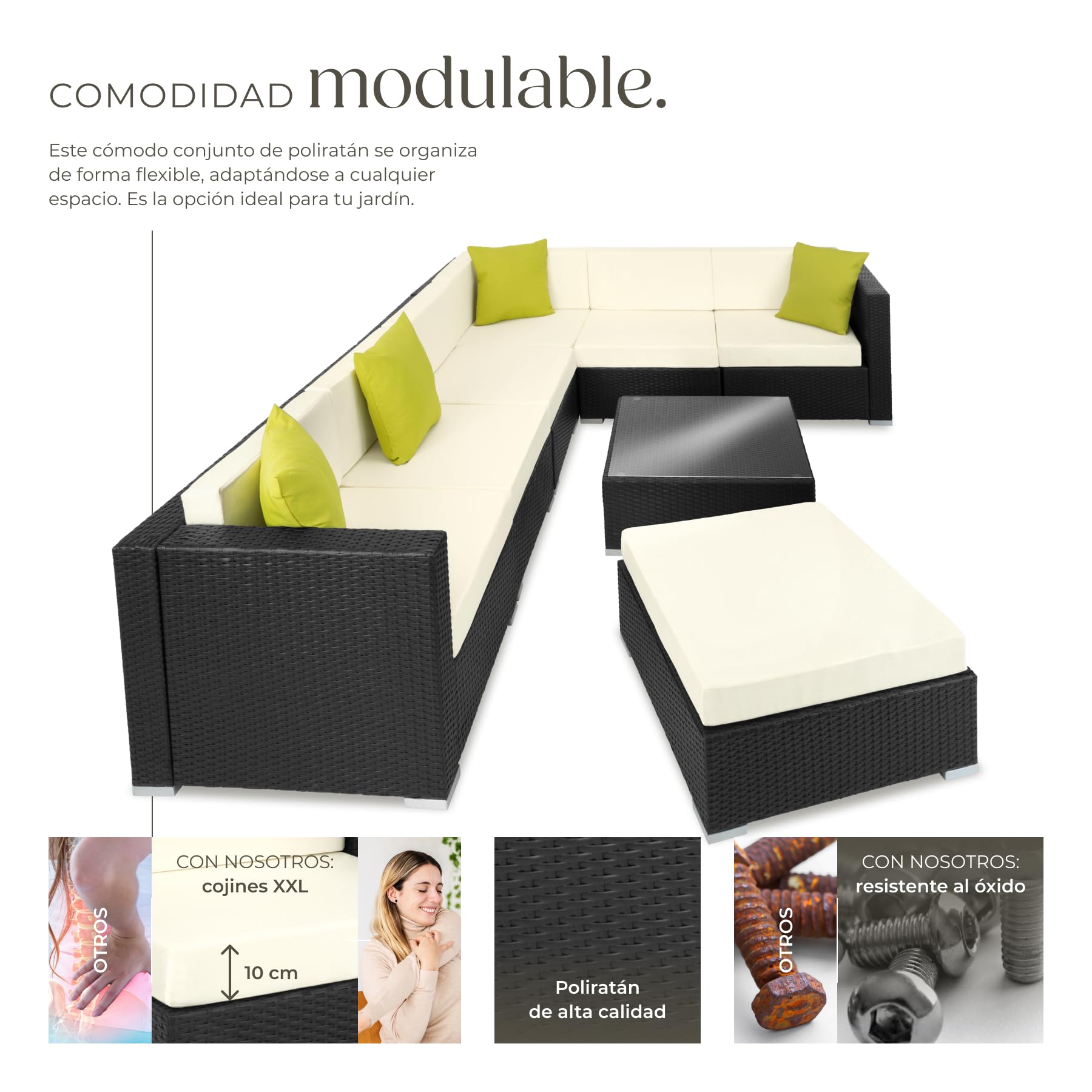tectake® Conjunto Jardín de Ratán y Aluminio con Cojines (+4 Adicionales), Conjunto Terraza Resistente a la Intemperie y Combinable, Muebles Jardín Exterior 6 Sillones, 1 Puf, 1 Mesa Cristal - Negro