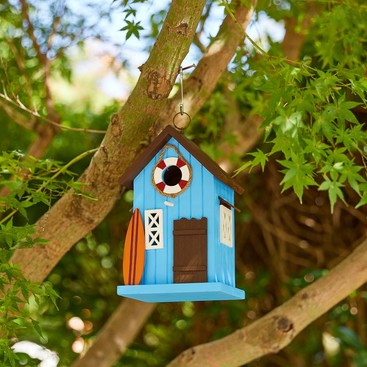Glitzhome Bird Houses for Outside,10" H Modern Solid Wood Hand Painted Hanging Bird House Beach Hut Decorative Pet Cottage Outdoor Garden Birdhouse for Finch Bluebird Cardinals,Blue