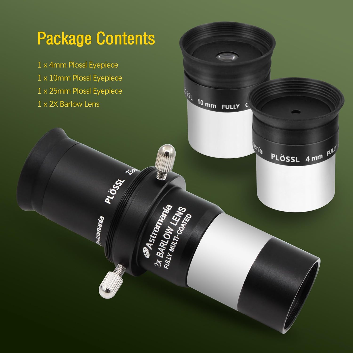 Astromania Multi Coated 1.25-Inch Plossl Eyepiece Set (4mm, 10mm, 25mm) with 2X Barlow Astronomical Telescope Accessory Kit - Let You Get The Most Out and Enhances Performance of Your Telescope