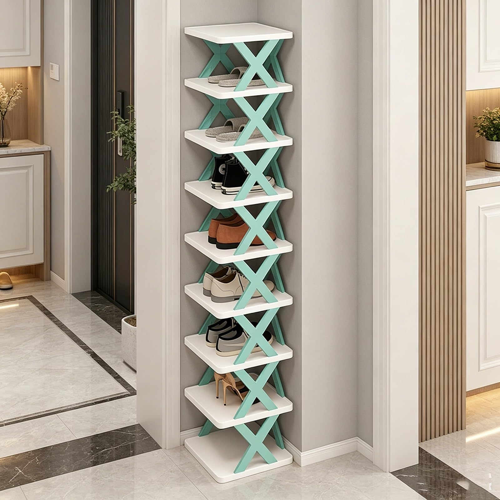 TELCIM 9-Tier Vertical Foldable Shoe Rack, Freestanding Shoe Storage Organiser, Multi Layer Shoe Tower Display Shelf for Hallway Entrance(Blue)
