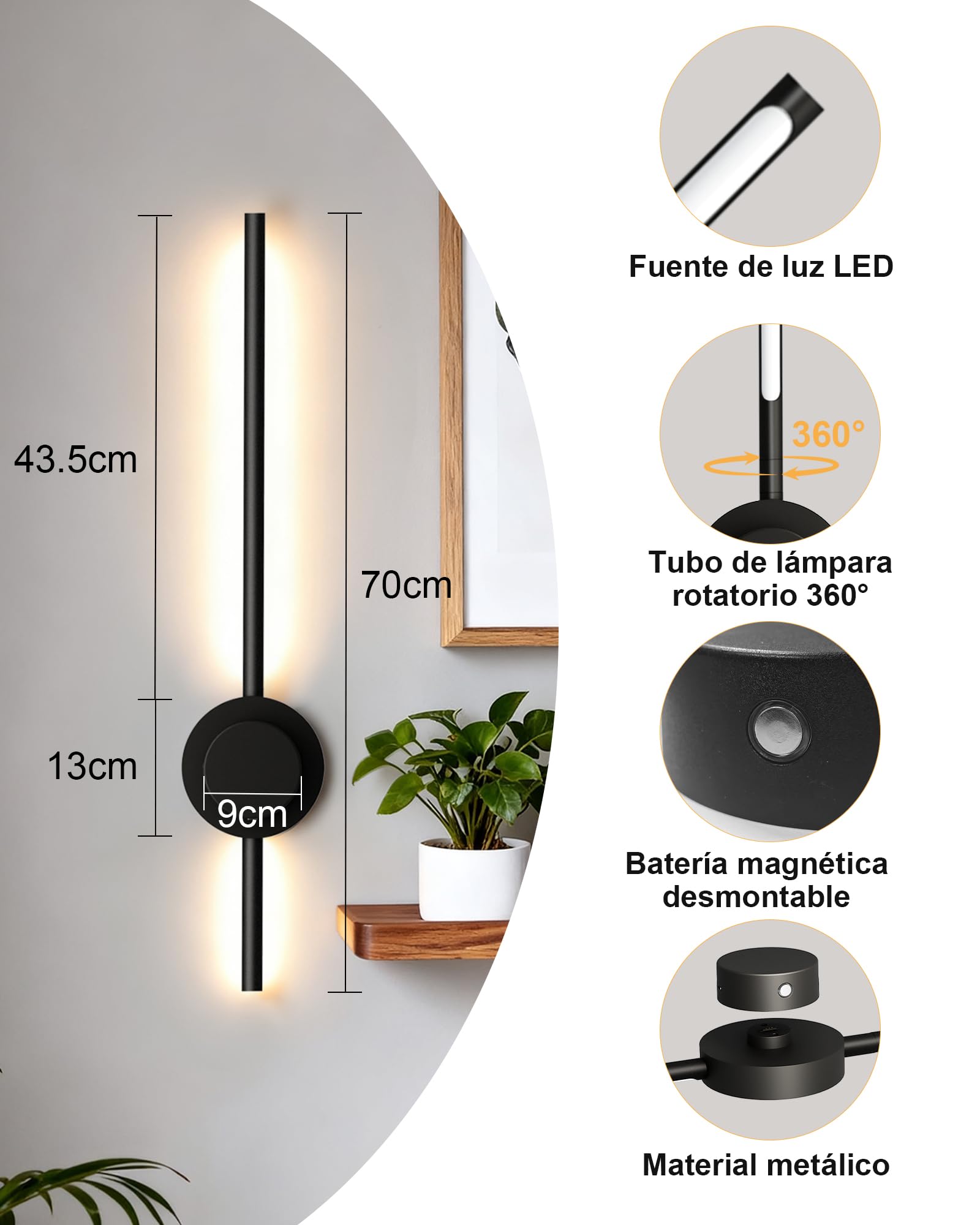BRIMAX Aplique de Pared Inalámbrico, Dimmable 3000-6500K 70cm Negro | 5000mAh batería extraíble, táctil y mando remoto, temperatura ajustable, para salón, dormitorio, decoración