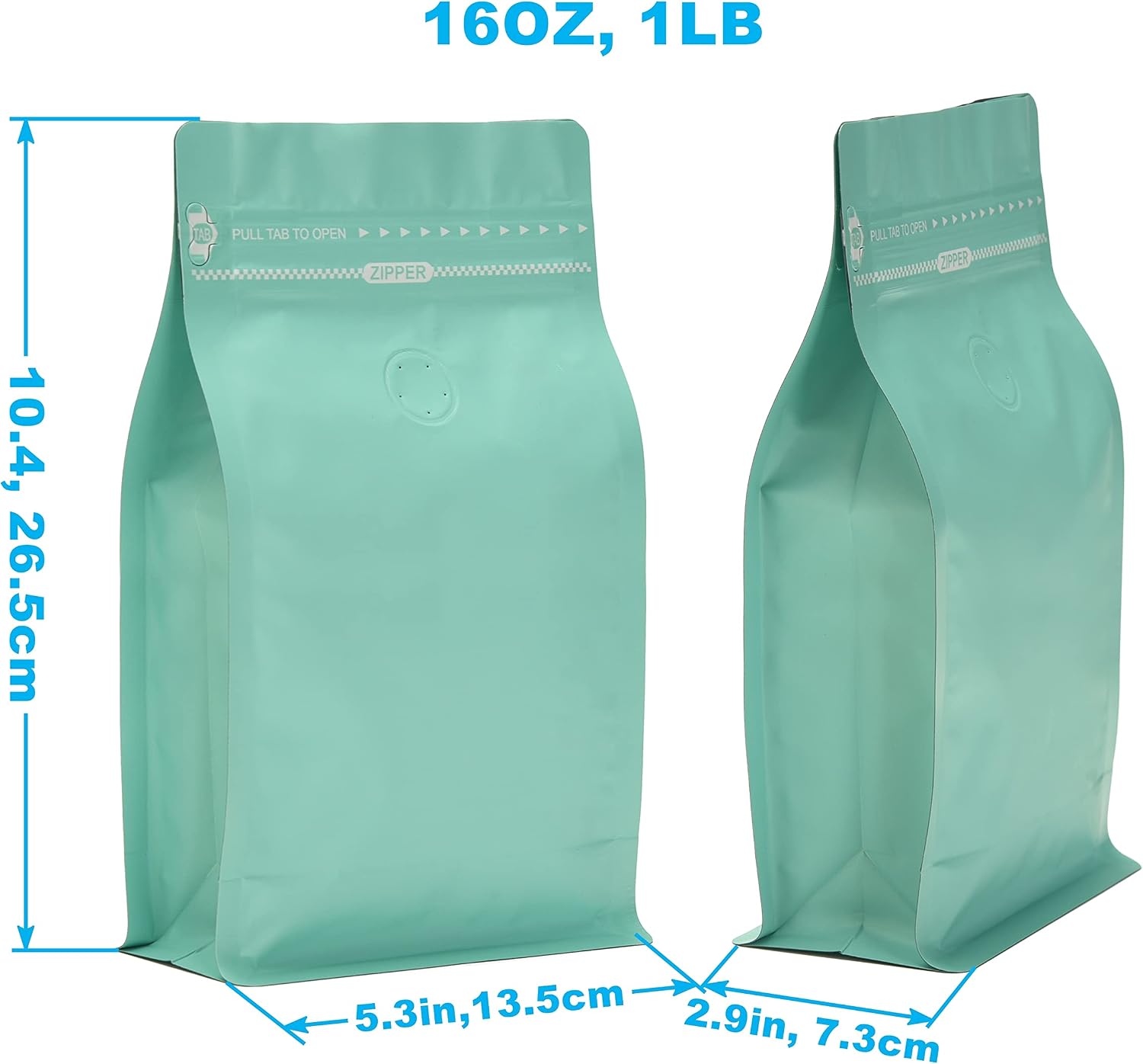 High Barrier Foil Coffee Bags with Degassing Valve, Resealable Coffee Pouches with Air Release Valve, Flat Bottom & Pull Tab Zipper, Teal Blue, Pack of 50, 16oz/1lb/500gm image 2