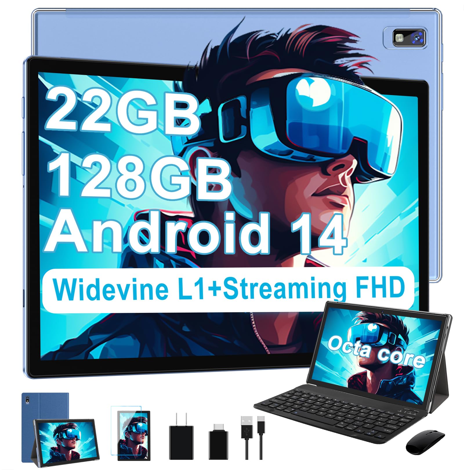 2025 Tablet 10 pulgadas Android 14 Tabletas con 22 GB de RAM 128 GB ROM 1TB Expand, Tableta Octa-Core con Teclado Ratón, Batería de 8000mAh, Pantalla HD IPS, GPS, Widevine L1, Pantalla Dividida, Cuerpo Metálico -Azul
