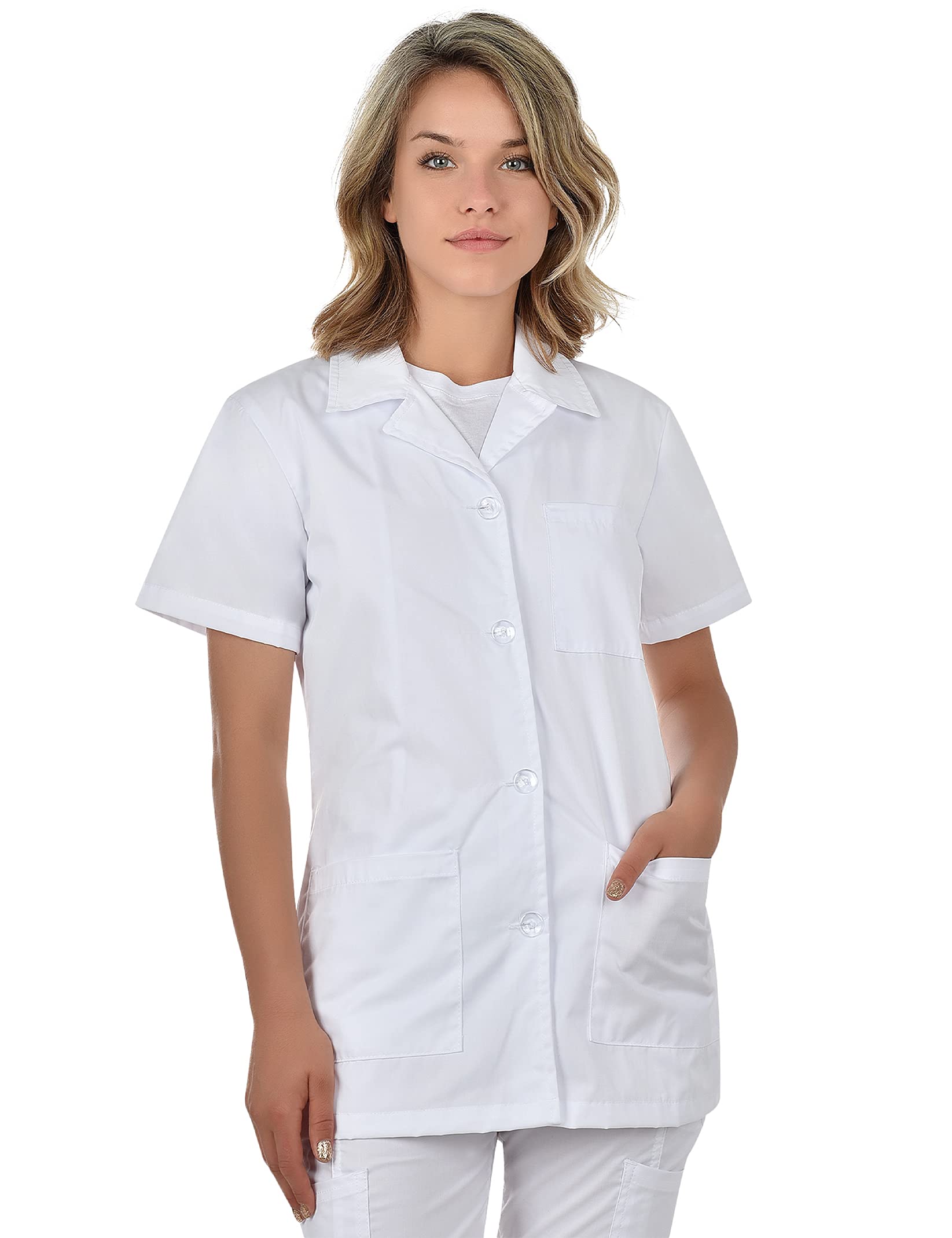 B-well Gabi Uniforme de Empleada Hogar Casaca con Botones para Enfermeras y Limpieza Mujer con Cuello Solapa Manga Corta Cuello V