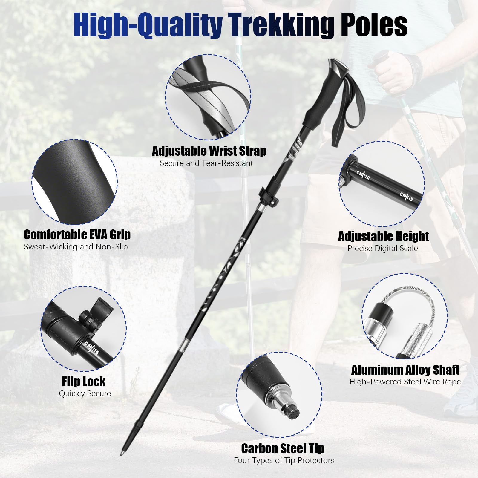 2 Pezzi Bastoncini Trekking Pieghevoli, Bastoni Trekking in Alluminio, Regolabili 110-130cm, Bastoncini Nordic Walking con 4 Paia di Puntali in Gomma, per Montagna, Escursioni, Sci