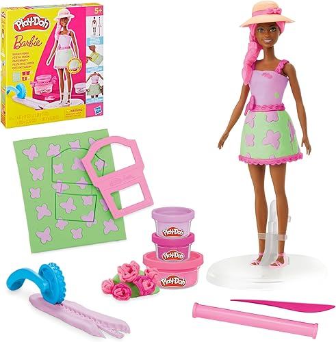 PLAY-DOH Barbie - Juego de fiesta de jardín, haz ropa de muñeca con compuesto de modelado y 10 accesorios de moda, artes y manualidades para niñas y
