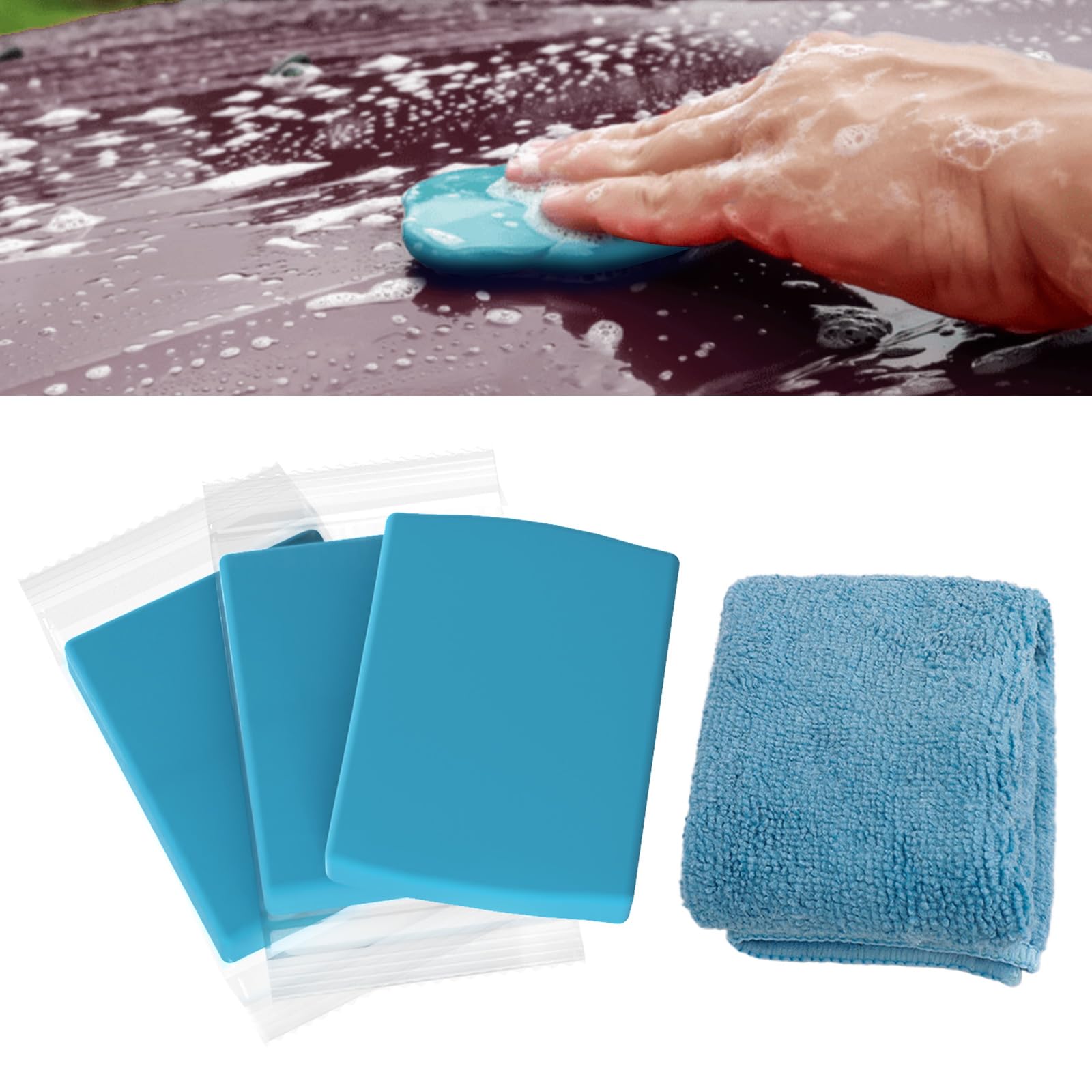 Magic Car Clay Bar Lot de 3 argile de nettoyage pour voiture avec serviette (300 g) Pâte de nettoyage pour l'entretien de la peinture et le nettoyage des jantes