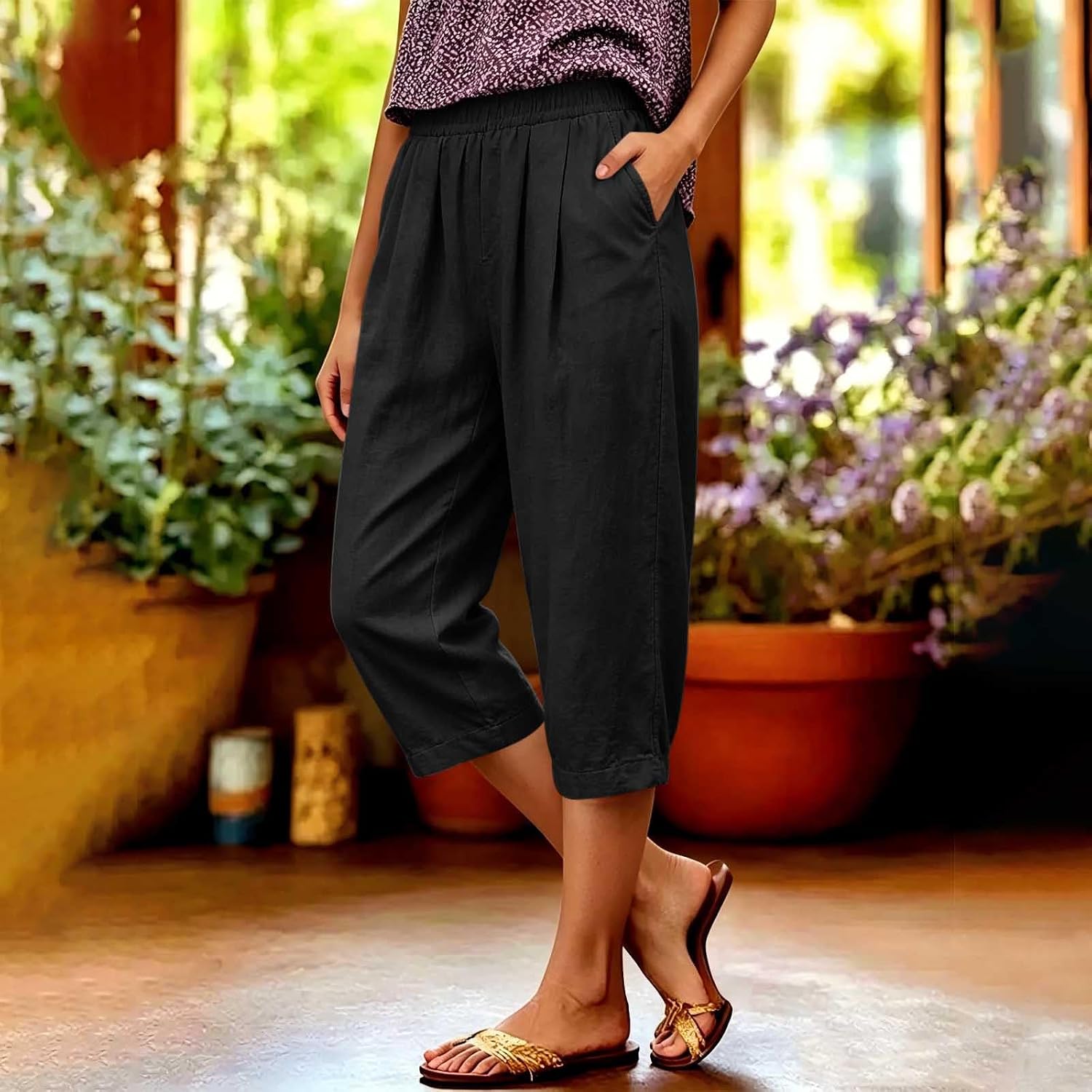Capris for Women Summer Boho Dressy Casual Straight Leg Capri Pant Elastic Waist Beach Capri Pants with Pockets