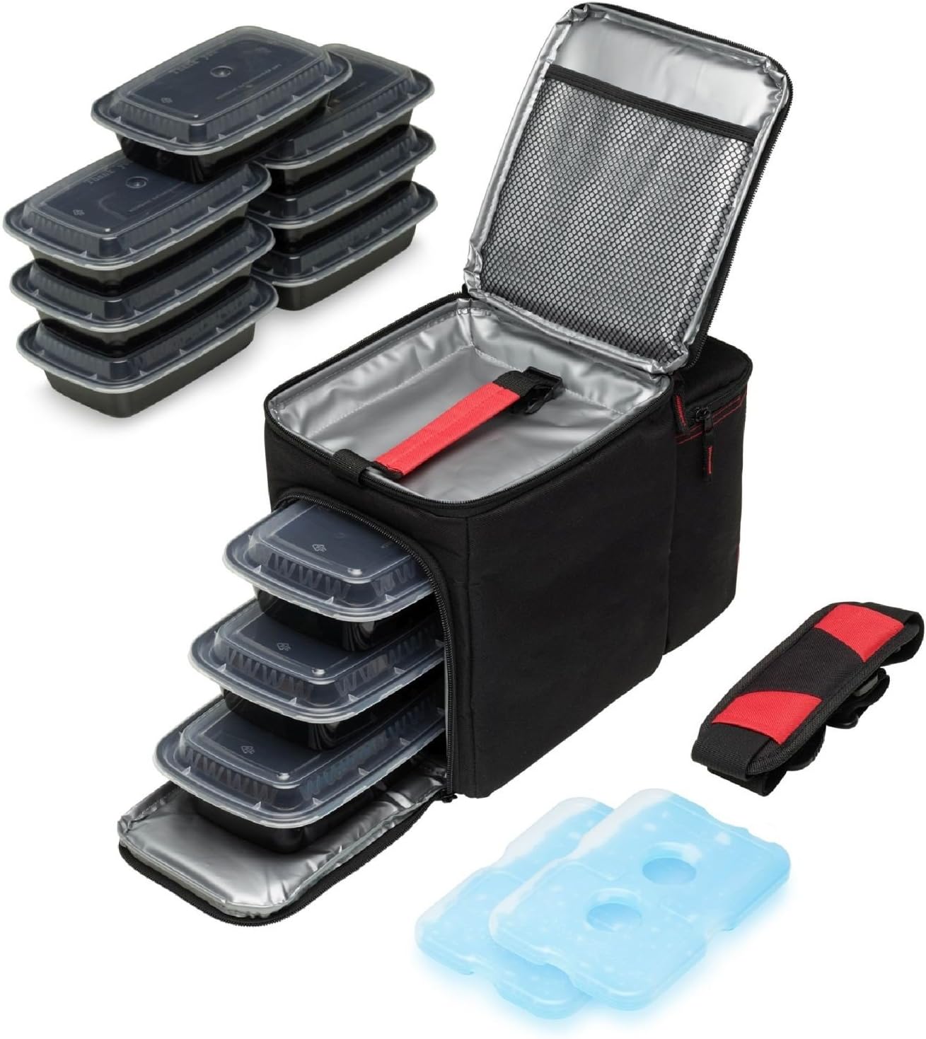 MealKeeperPro Meal Prep Bag Set with 10 Food Containers, 2 Ice Packs, Shoulder Strap