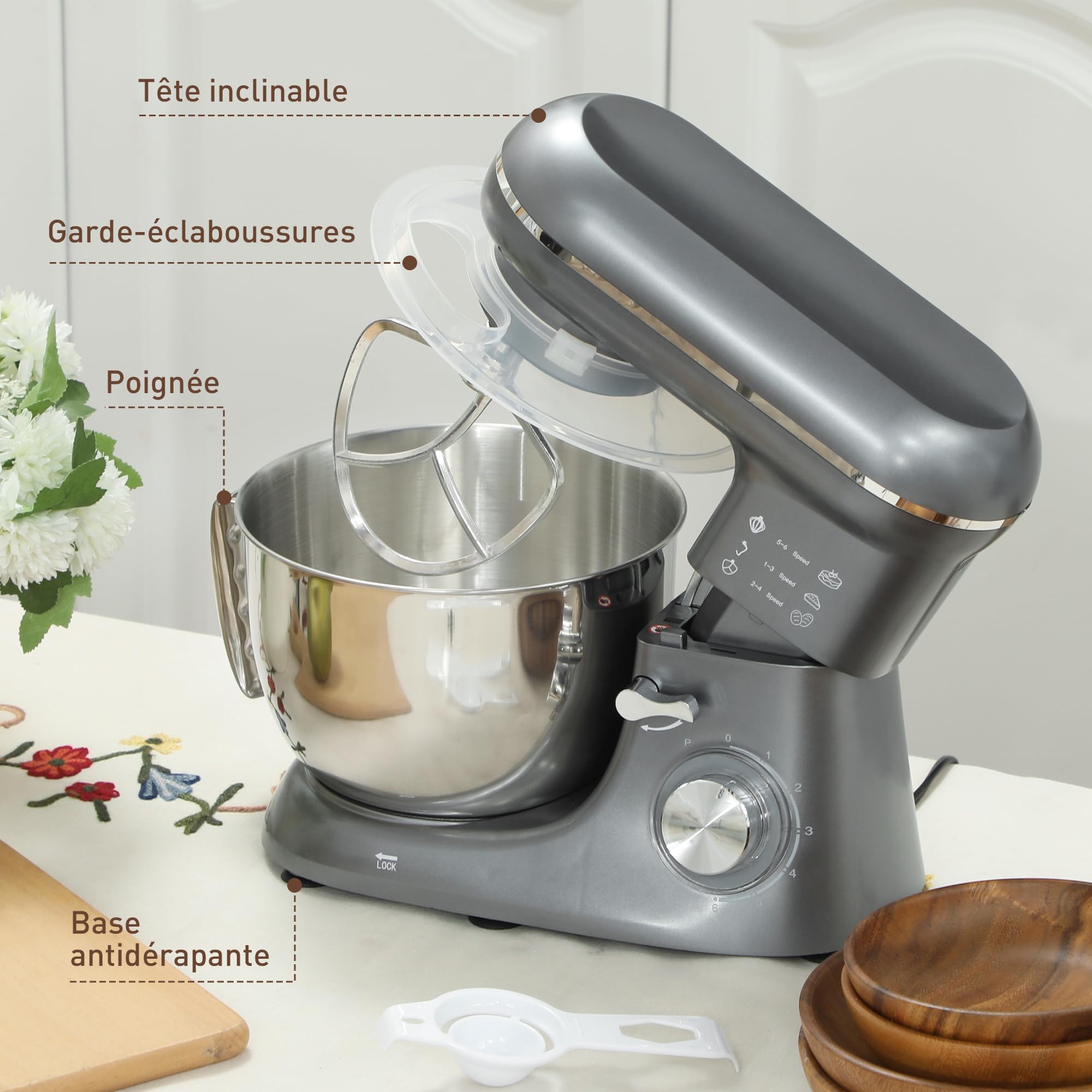 HOMCOM Robot Pâtissier 1300 W, Robot Pétrin Professionnel 4,5 L, Bol d'Acier Inoxydable, 6+P Vitesses et Pulse, Tête Inclinable, Crochet à Pâte, Fouet, Batteur, Spatule, Pare-Éclaboussures, Argent