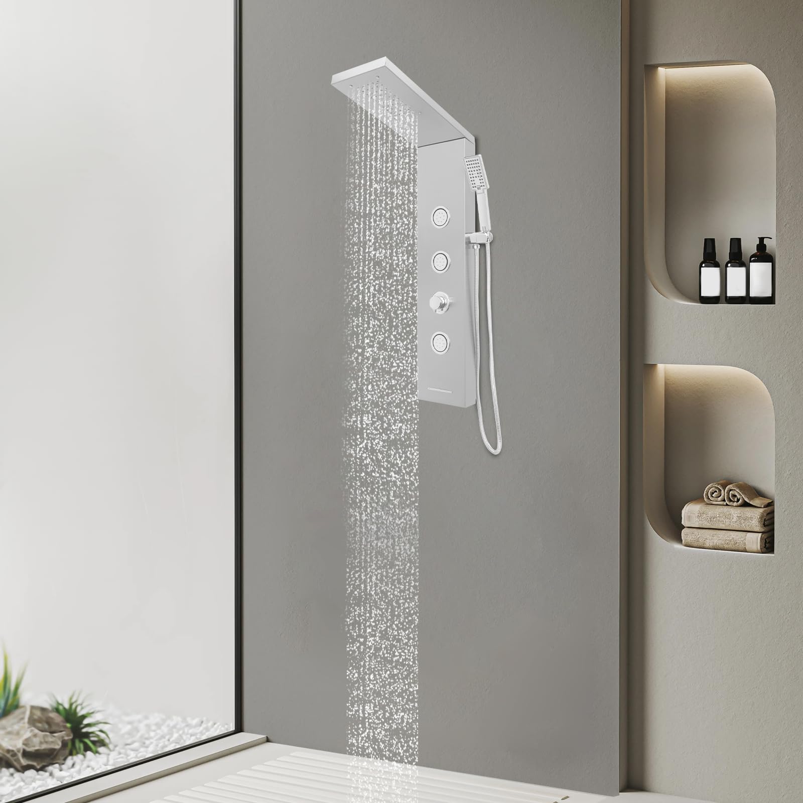 Pannello doccia a LED senza rubinetto, 4 funzioni pannello doccia con doccia a pioggia, 3 ugelli massaggianti, doccetta e beccuccio per vasca da bagno, colonna doccia in acciaio inox 304