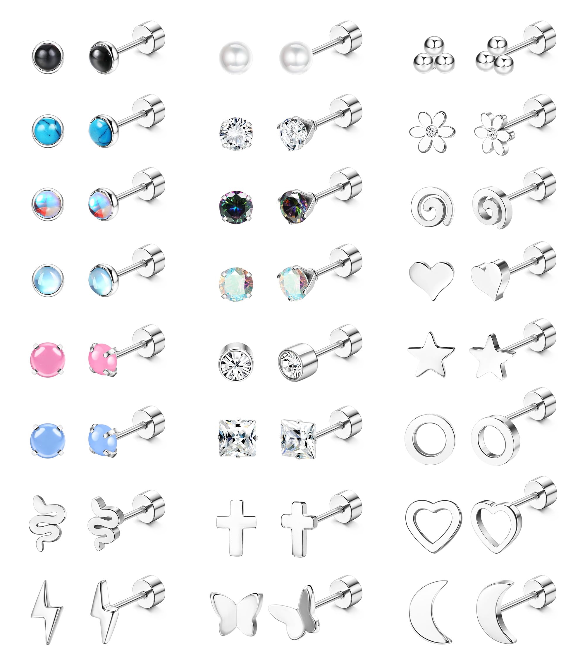 LOLIAS 24 Pares 20G Pequeños Pendientes Mujer Acero Quirurgico Cartílago Pendientes Helix Hipoalergénicos CZ Ópalo Piedra Lunar Turquesa Geométrico Estrella Corazón Flor Plata Piercing Oreja Niñas