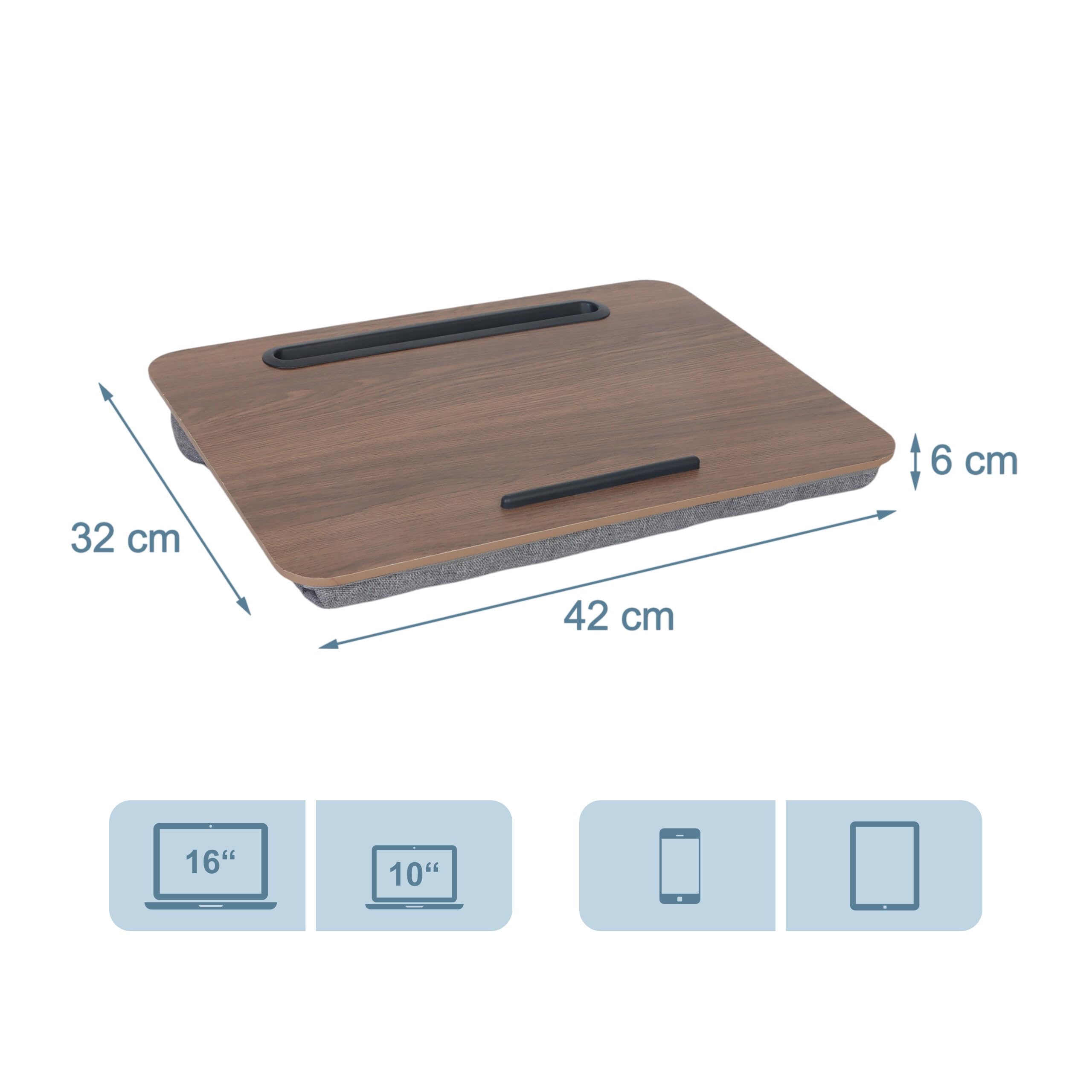 Coussin pour Ordinateur Relaxdays avec Support pour téléphone, 42 x 32 cm, Plateau au lit et sur Le canapé, Marron/Gris
