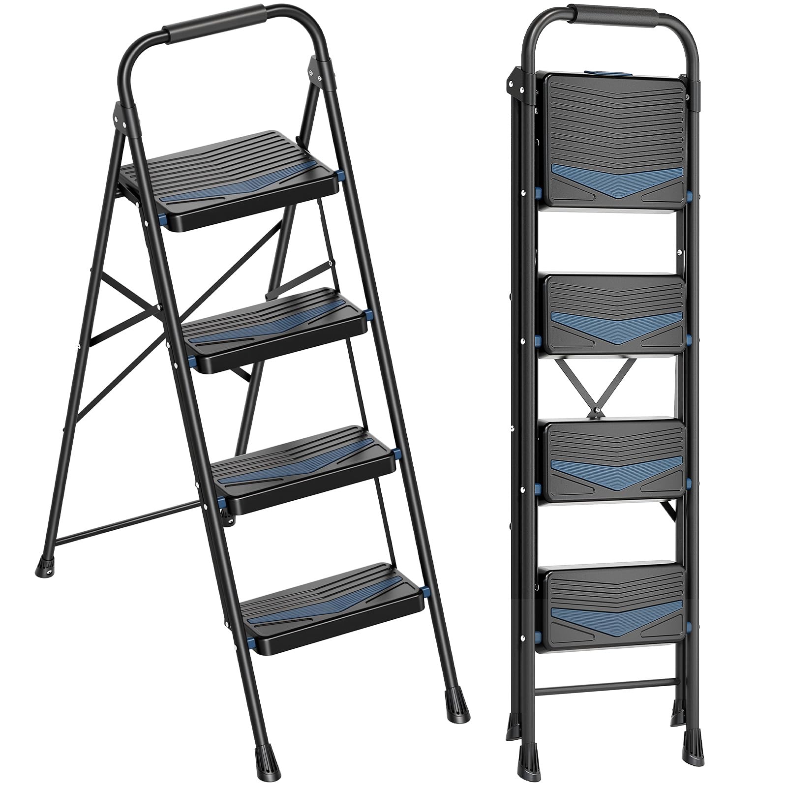 KINGRACK Ladder 4 Steps, Wide Non-Slip Steps and Handrails | Capacity 150kg Steel Folding Ladder Step Stool Lightweight Portable Space Saving for Home, Kitchen, Office, Garage
