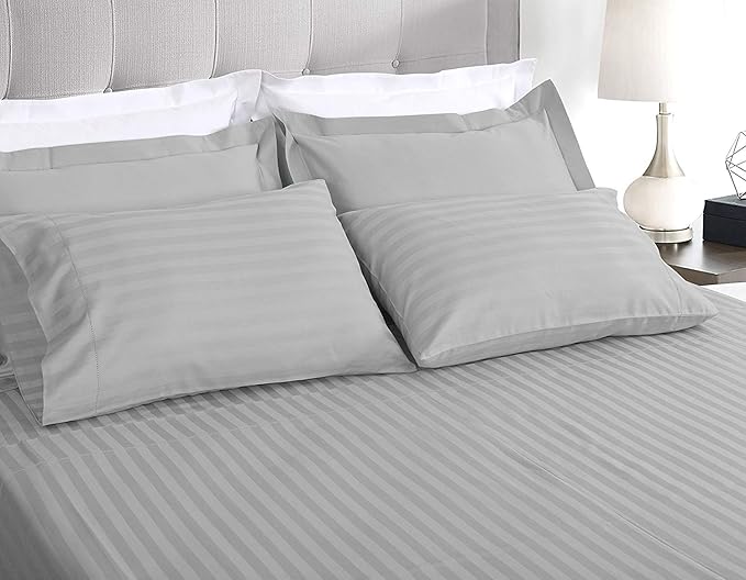 Elegant Linen Store,Luxurious & Soft Long Staple 4 Pcs Sheet Set 100% Egyptian Cotton Stripe Pattern 650 TC 23-25 Inch Deep Pocket Size (Full XL Color Silver Grey)