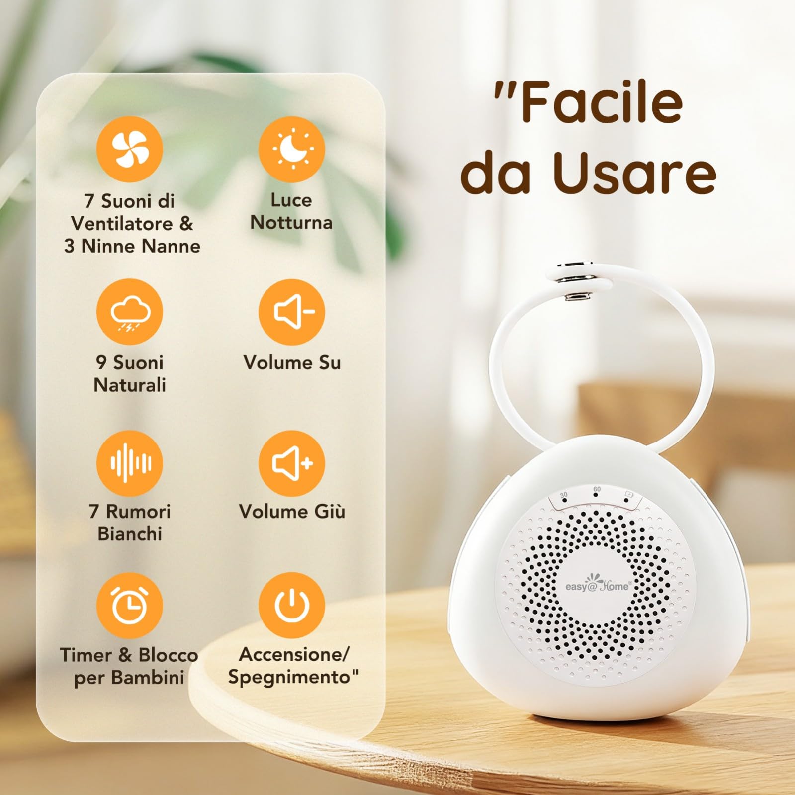 Easy@Home Macchina per Rumori Bianchi Portatile con 30 Suoni Rilassanti, Timer Automatico e Luce Notturna | Ideale per Neonati e Adulti, Generatore di Rumore Bianco per Dormire e Rilassarsi