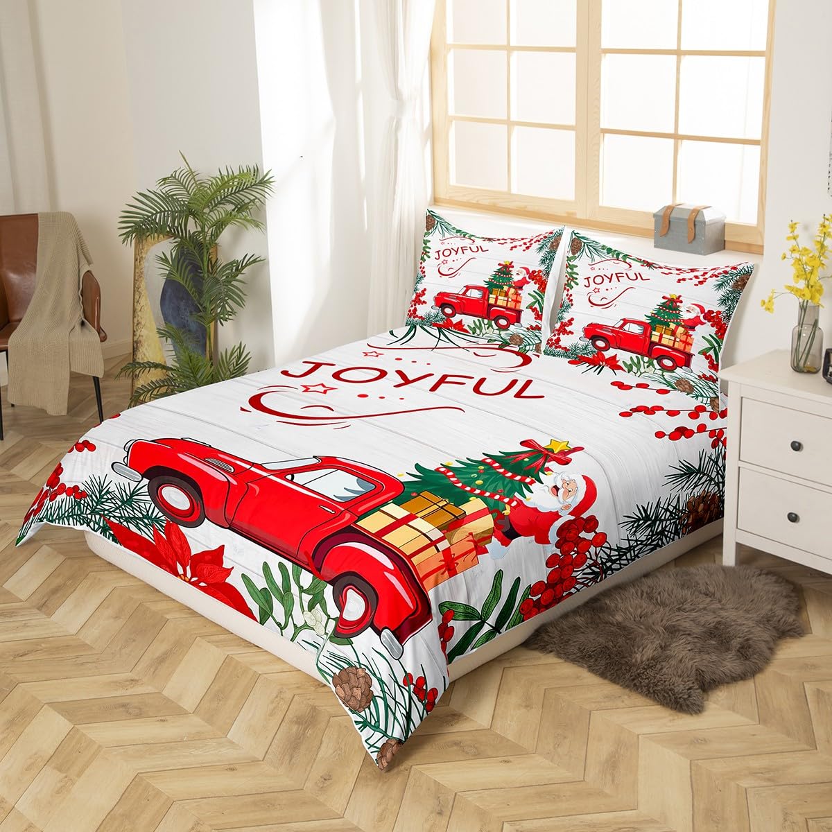 Cartoon Santa Claus Comforter Cover Twin,Red Truck Xmas Tree Duvet Cover with 1 Pillowcase,Watercolor Fruits Leaves Boys Girls Soft Bed Cover,Rustic Farmhouse Style Modern Room Decor,No Comforter