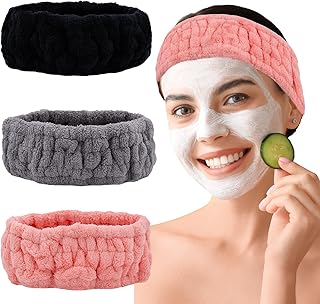 Microfiber Spa Headband 3-Pack, Soft Terry Cloth Headband for Washing Face, Facial Mask, Makeup, Shower, Yoga, Gift for Women and Teens (Black+Gray+Pink)