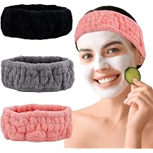 Microfiber Spa Headband 3-Pack, Soft Terry Cloth Headband for Washing Face, Facial Mask, Makeup, Shower, Yoga, Gift for Women and Teens Black+Gray+Pink