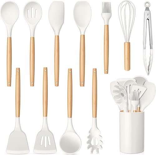 TeamFar Juego de utensilios de cocina, 12 piezas de utensilios de cocina de silicona para utensilios de cocina antiadherentes con mango de madera,