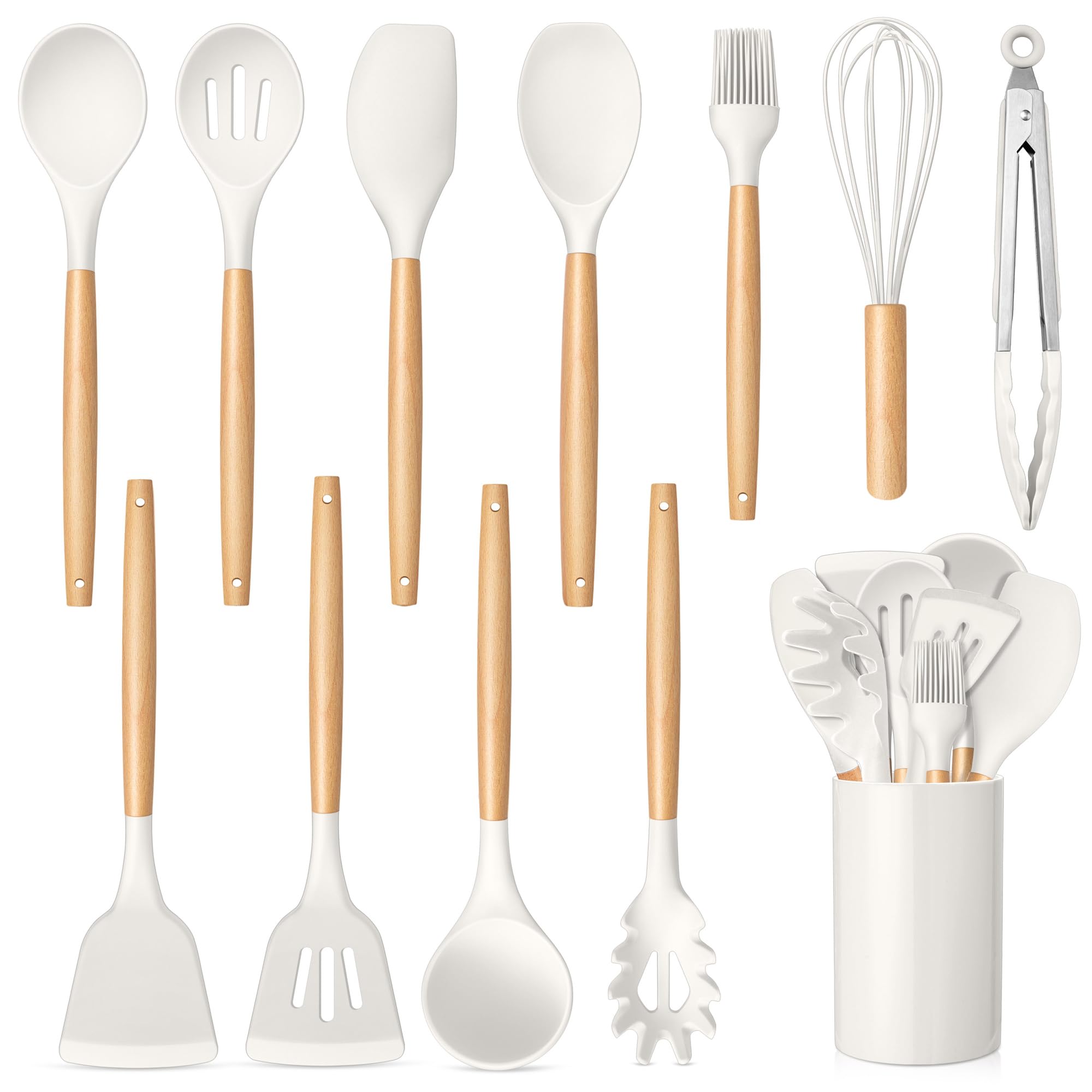 TeamFar Cooking Utensils Set, 12 Pcs Silicone Kitchen Gadgets Utensil Set for Nonstick Cookware with Wooden Handle, Spatula Spoon Turner, Non-Toxic & Non-Stick, White